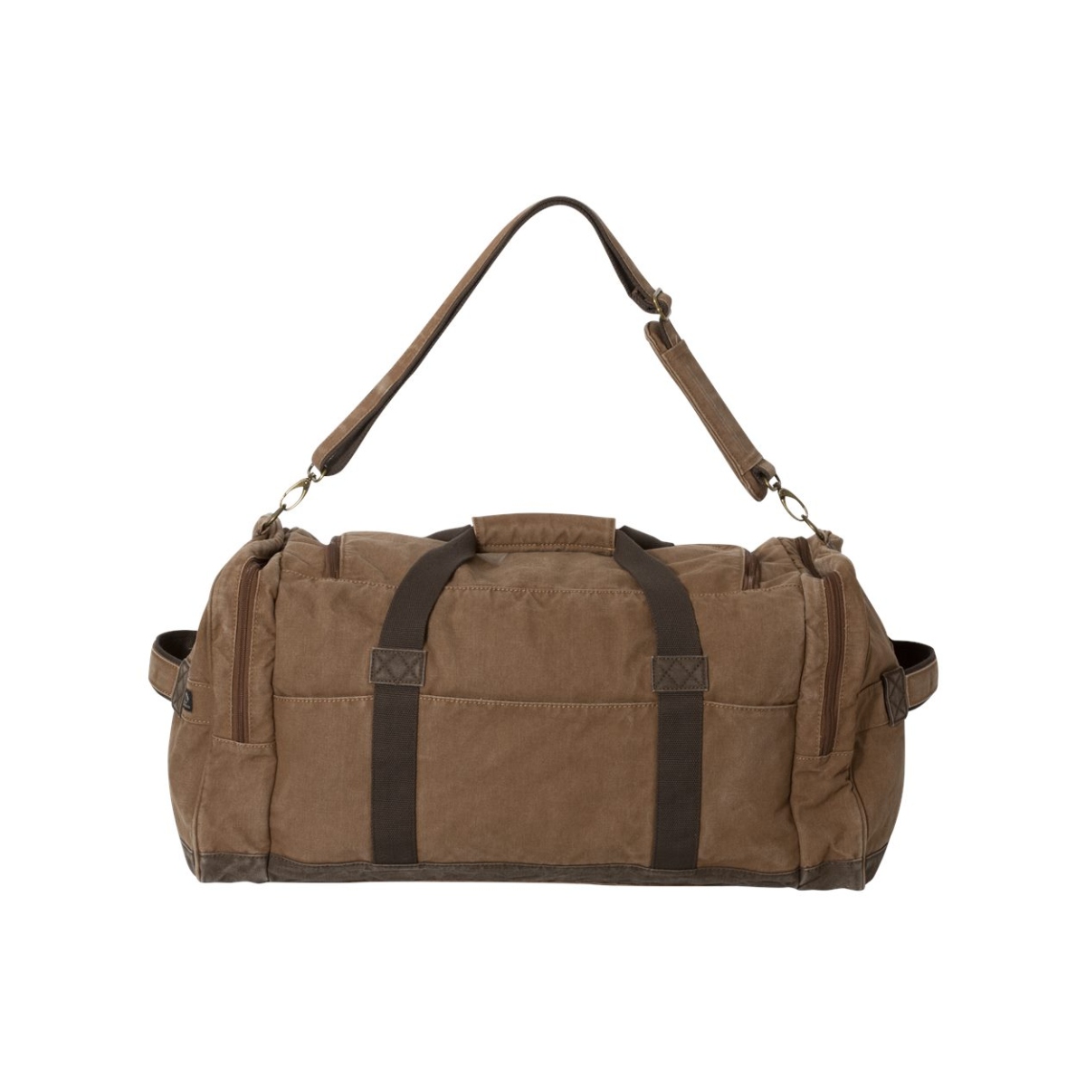 60L canvas duffel bag with U-shaped two-way zipper opening, multiple interior and exterior pockets, padded shoulder strap, and reinforced grab handles.