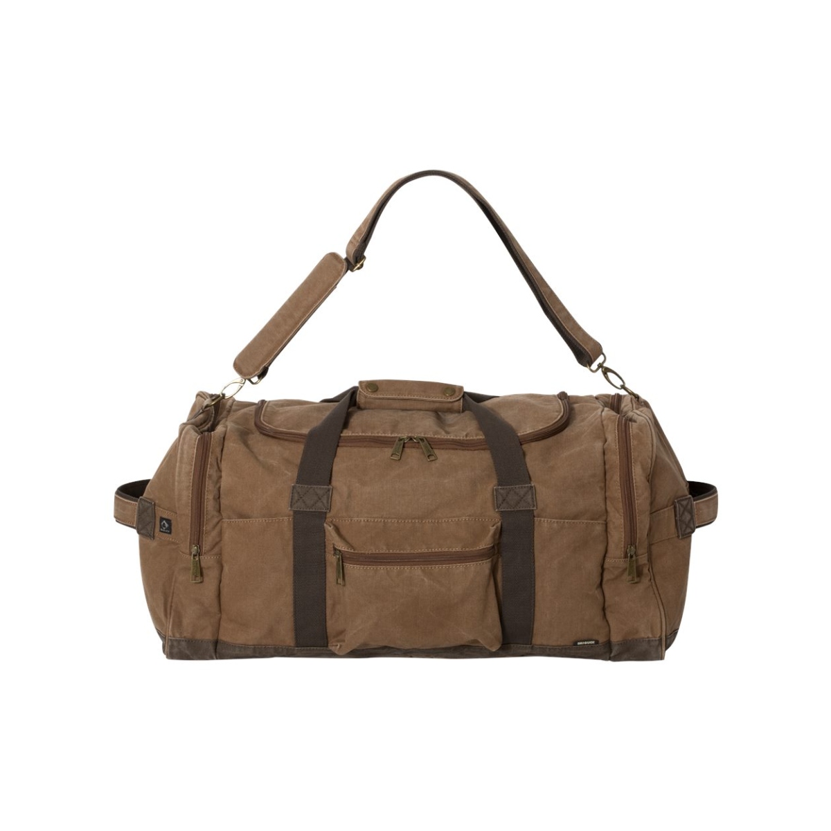 60L canvas duffel bag with U-shaped two-way zipper opening, multiple interior and exterior pockets, padded shoulder strap, and reinforced grab handles.
