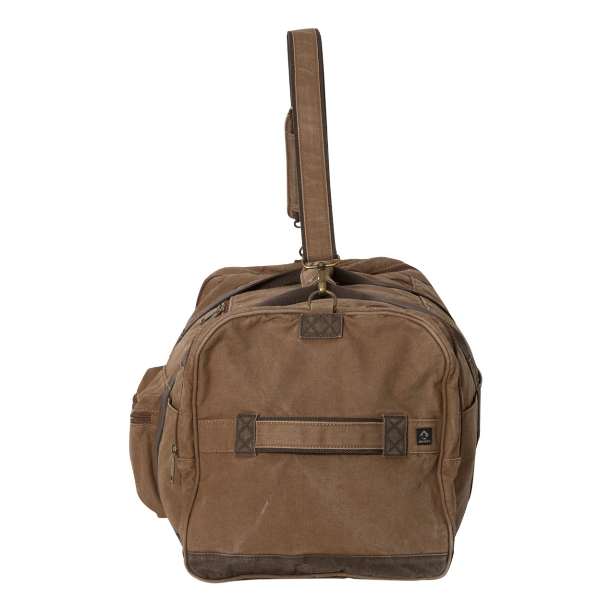 60L canvas duffel bag with U-shaped two-way zipper opening, multiple interior and exterior pockets, padded shoulder strap, and reinforced grab handles.