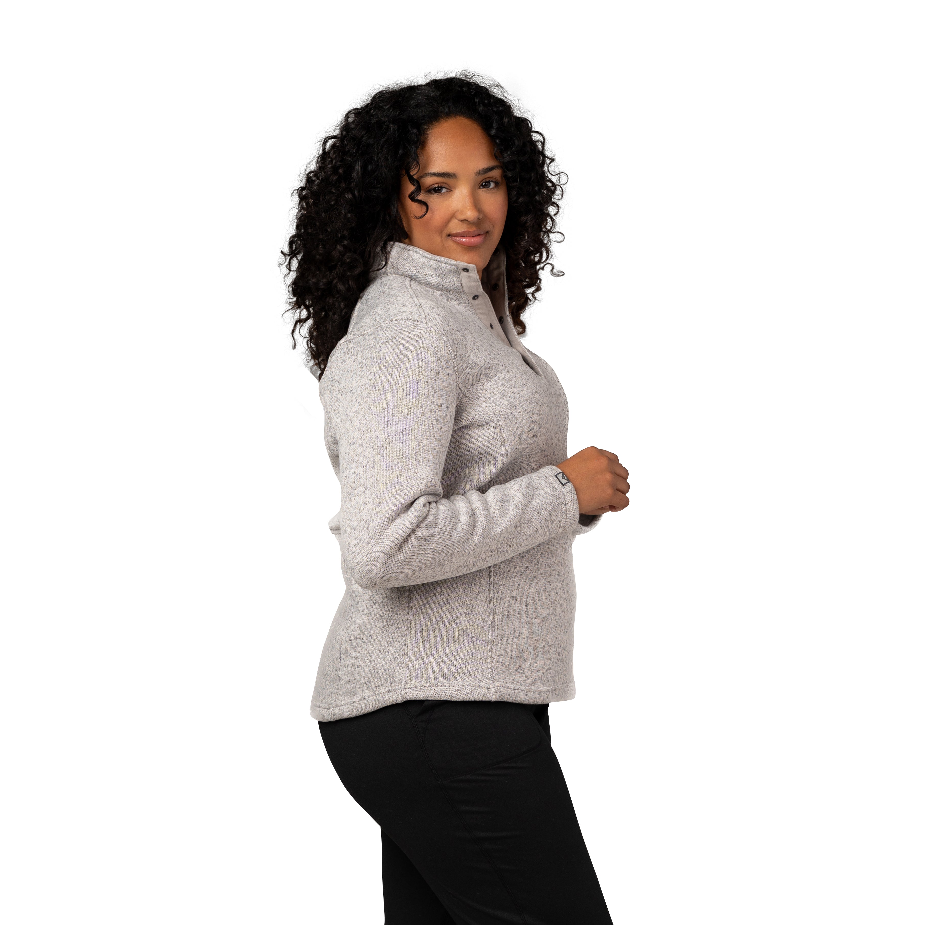 Platinum Gray women’s heavyweight sweaterfleece pullover made from 100% recycled polyester with a brushed interior, hidden snap front closure, curved droptail hem, and princess seams.