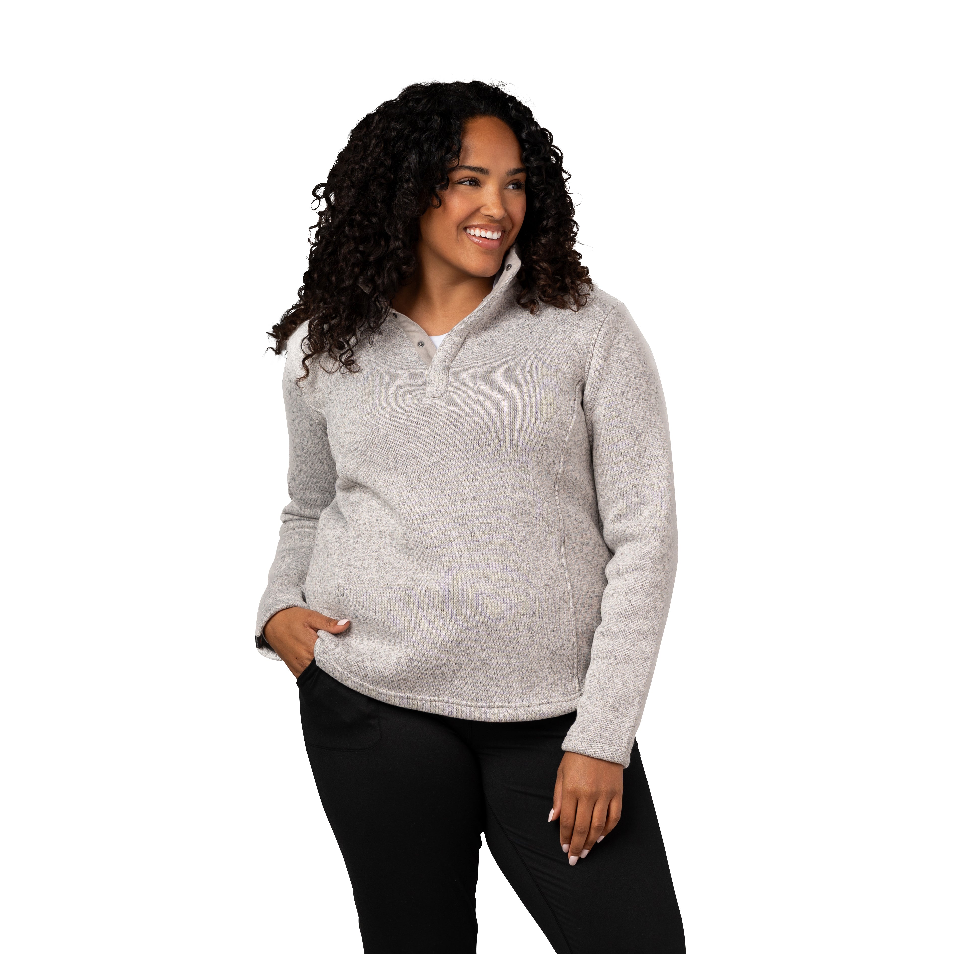 Platinum Gray women’s heavyweight sweaterfleece pullover made from 100% recycled polyester with a brushed interior, hidden snap front closure, curved droptail hem, and princess seams.