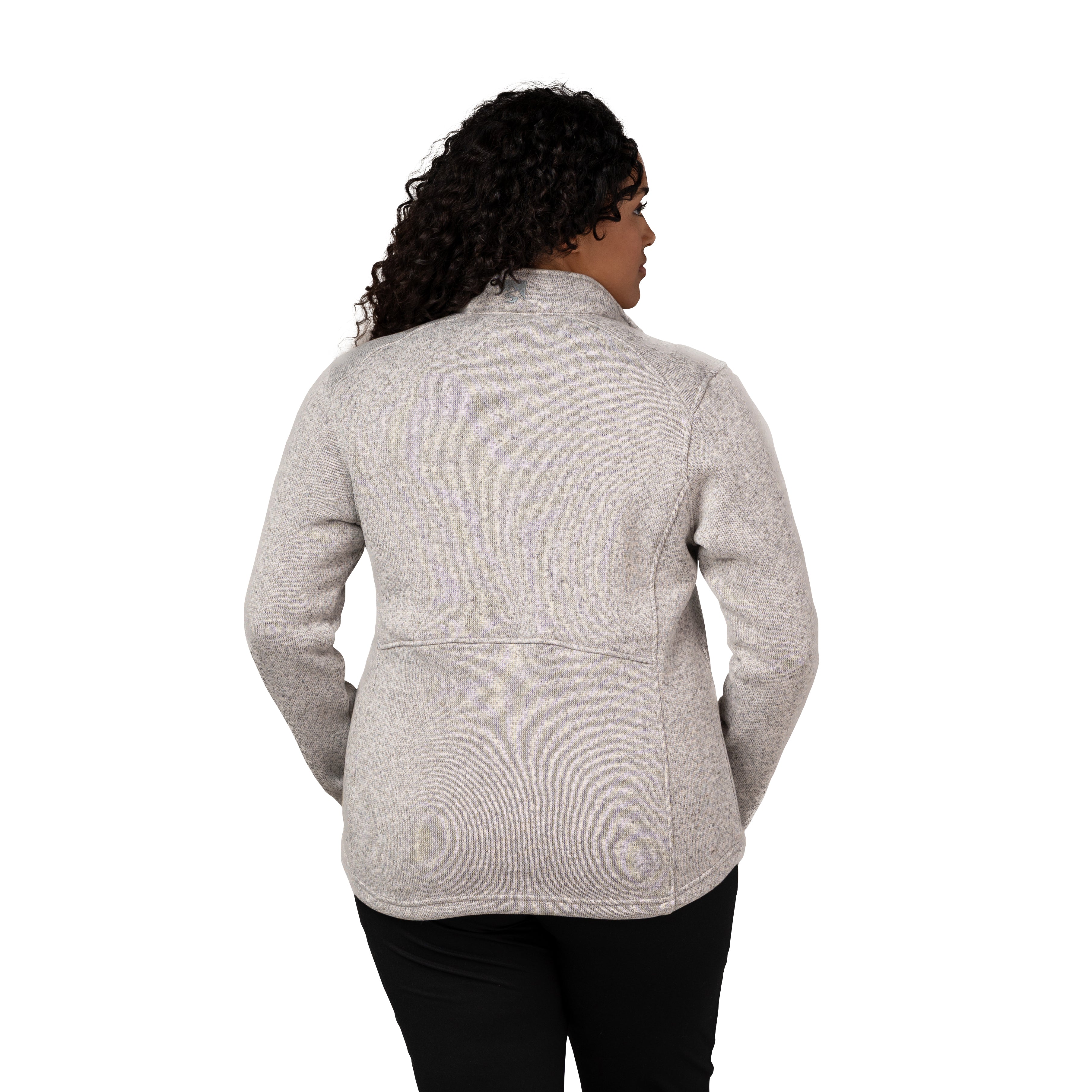 Platinum Gray women’s heavyweight sweaterfleece pullover made from 100% recycled polyester with a brushed interior, hidden snap front closure, curved droptail hem, and princess seams.
