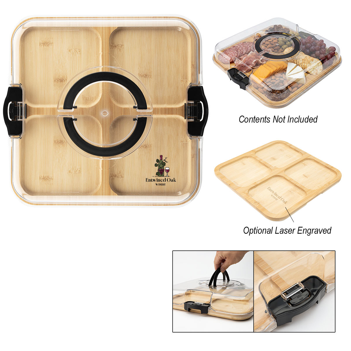 Natural/Black Portable Charcuterie Board with Lid featuring four recessed compartments, a clear secure lid with side clips and handles, and a portable design for organizing and serving snacks, cheeses, fruits, and appetizers.