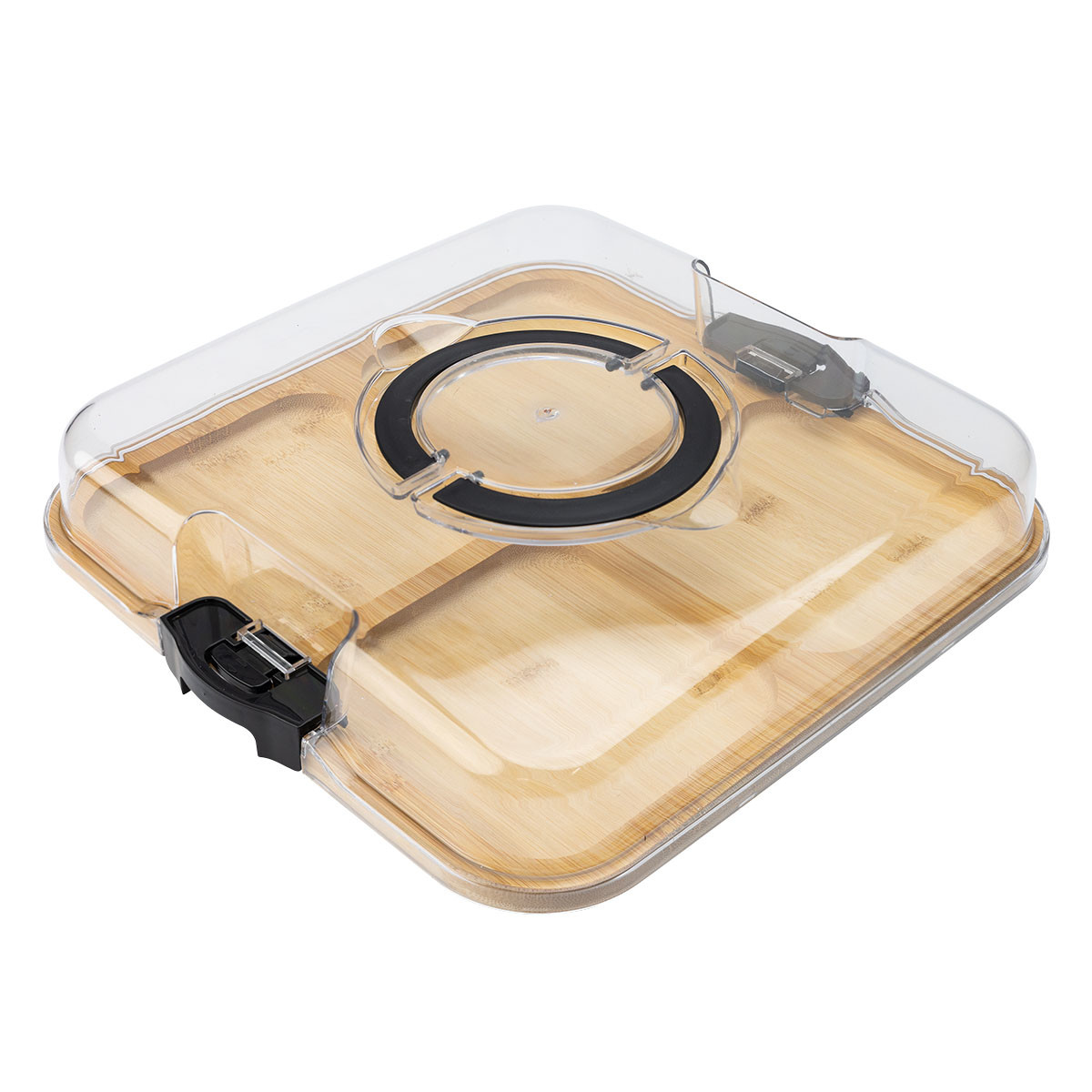 Natural/Black Portable Charcuterie Board with Lid featuring four recessed compartments, a clear secure lid with side clips and handles, and a portable design for organizing and serving snacks, cheeses, fruits, and appetizers.