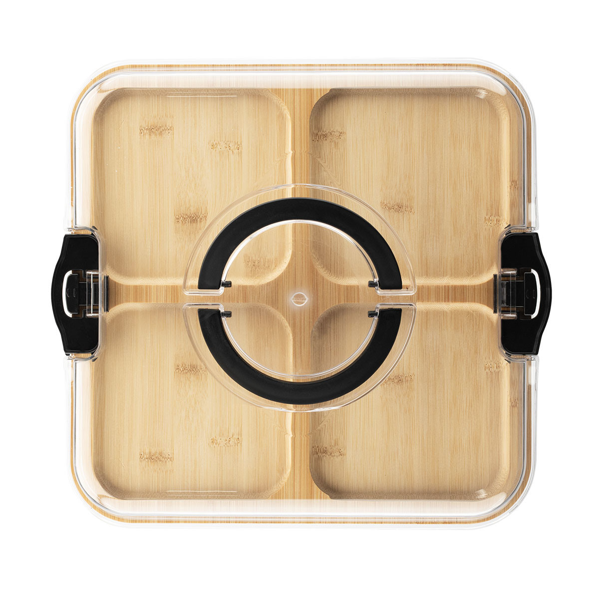 Natural/Black Portable Charcuterie Board with Lid featuring four recessed compartments, a clear secure lid with side clips and handles, and a portable design for organizing and serving snacks, cheeses, fruits, and appetizers.