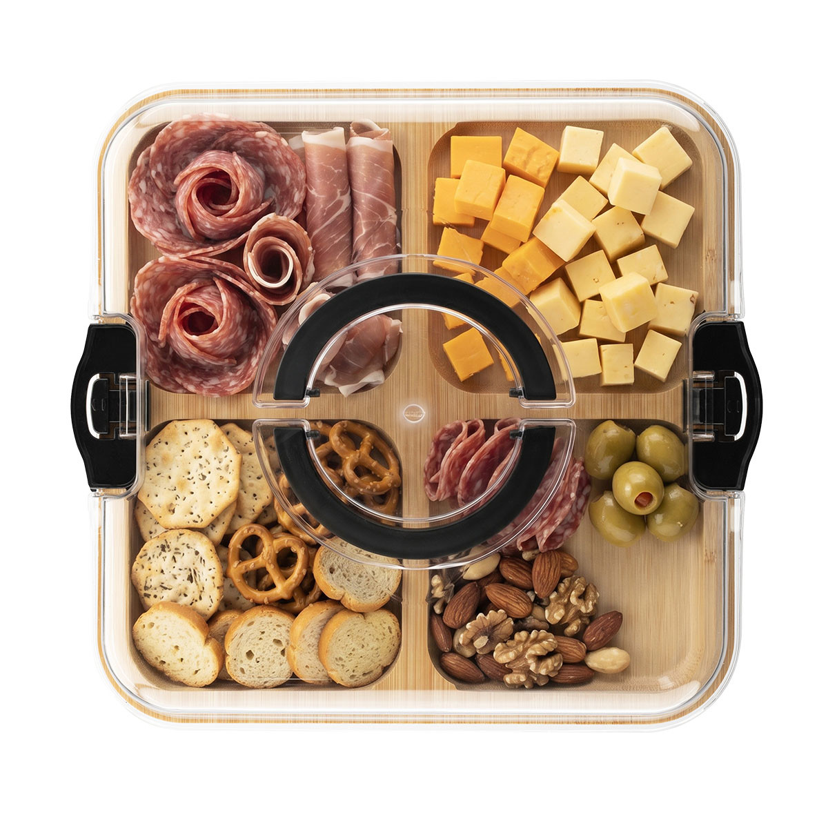 Natural/Black Portable Charcuterie Board with Lid featuring four recessed compartments, a clear secure lid with side clips and handles, and a portable design for organizing and serving snacks, cheeses, fruits, and appetizers.