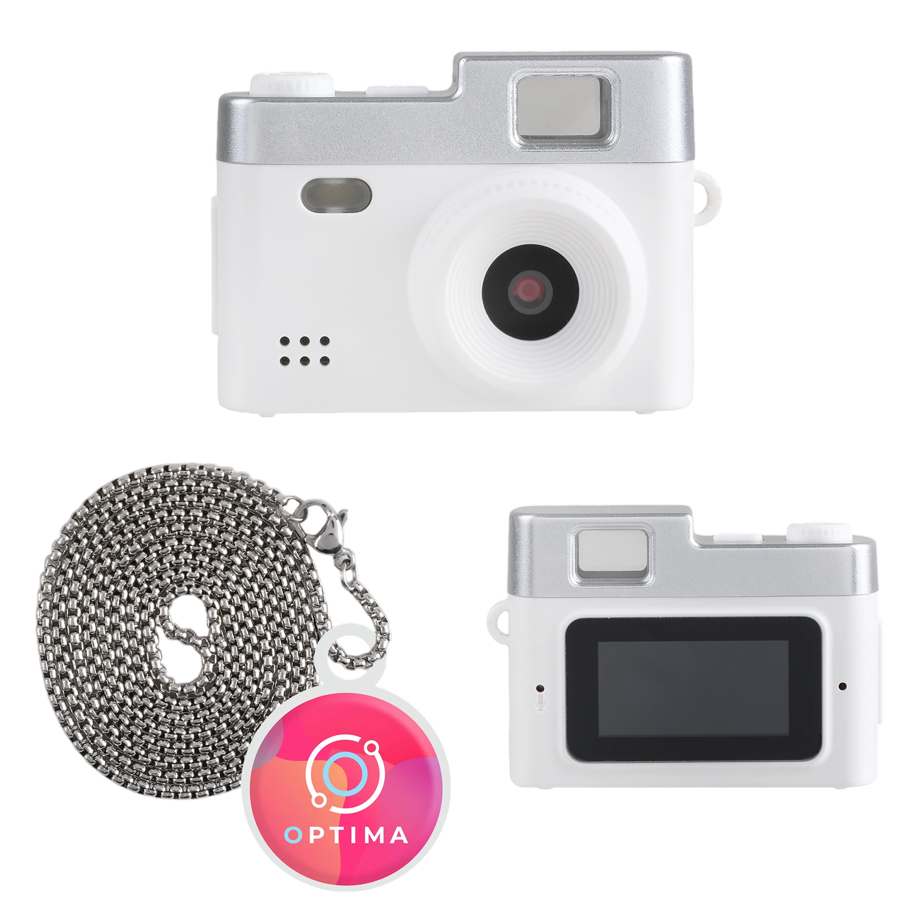 White Cutie Cam Mini Camera, compact portable camera with a fun mini design, featuring a small display and simple controls for capturing photos and 1080p video.