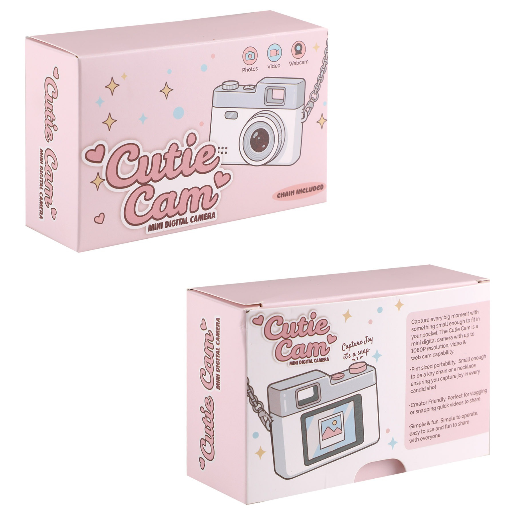 Retail Style Packaging White Cutie Cam Mini Camera, compact portable camera with a fun mini design, featuring a small display and simple controls for capturing photos and 1080p video.