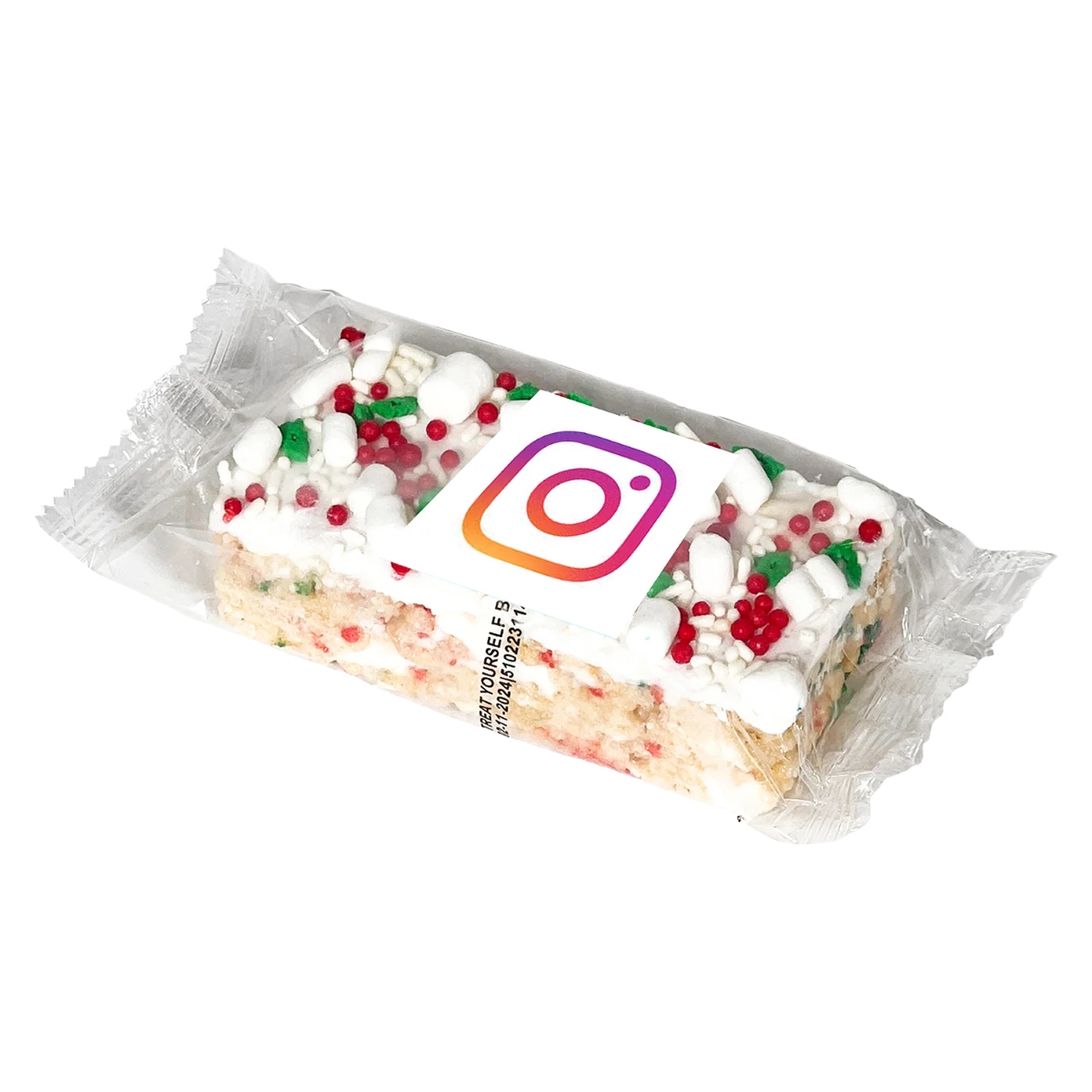 Custom marshmallow crispy rice bar with a full-color branded wrapper, flavor options, and customizable sprinkles for memorable giveaways.
