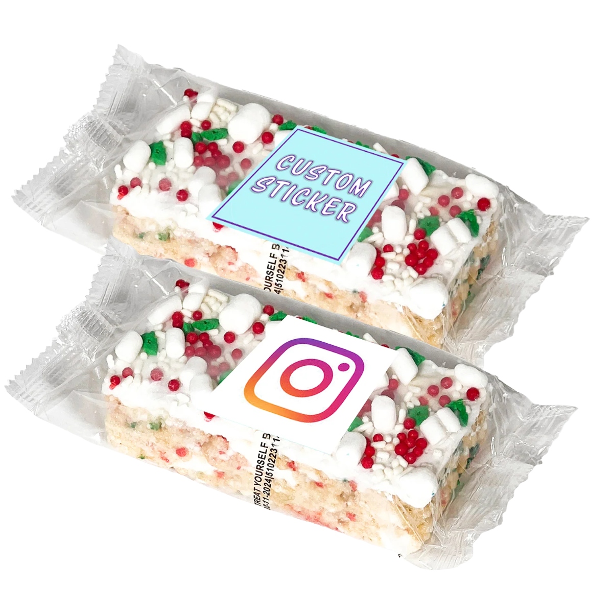 Custom marshmallow crispy rice bar with a full-color branded wrapper, flavor options, and customizable sprinkles for memorable giveaways.