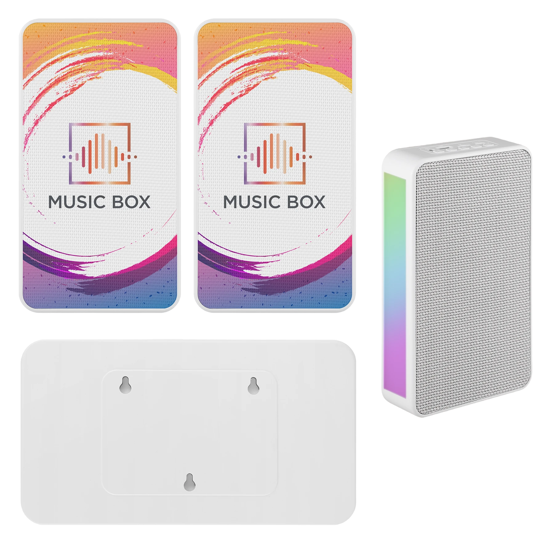 White Duality Wireless Speaker Set with two compact 5W wireless speakers featuring RGB exterior lighting, designed for immersive surround sound and portable music entertainment at home, events, and gatherings.