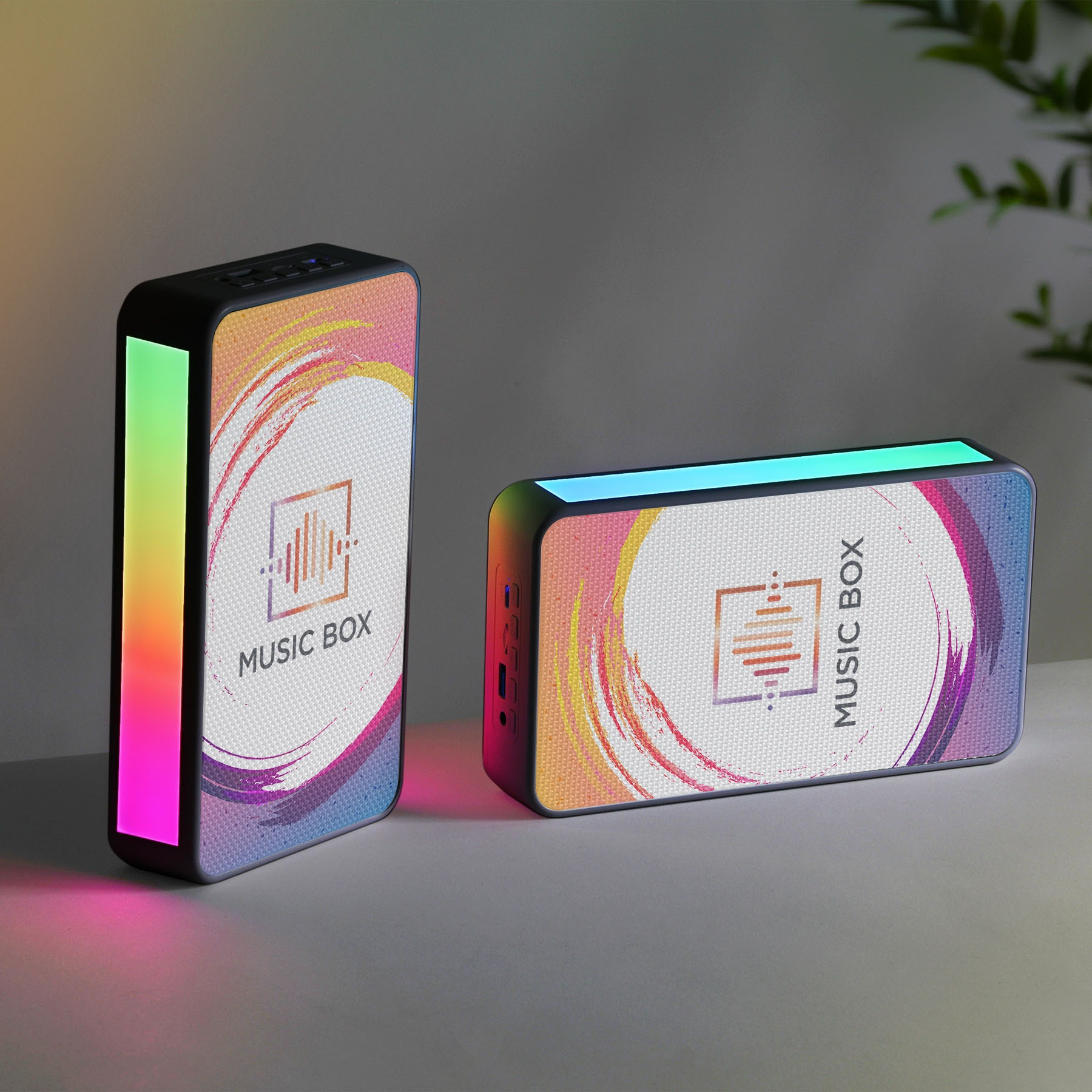 White Duality Wireless Speaker Set with two compact 5W wireless speakers featuring RGB exterior lighting, designed for immersive surround sound and portable music entertainment at home, events, and gatherings.