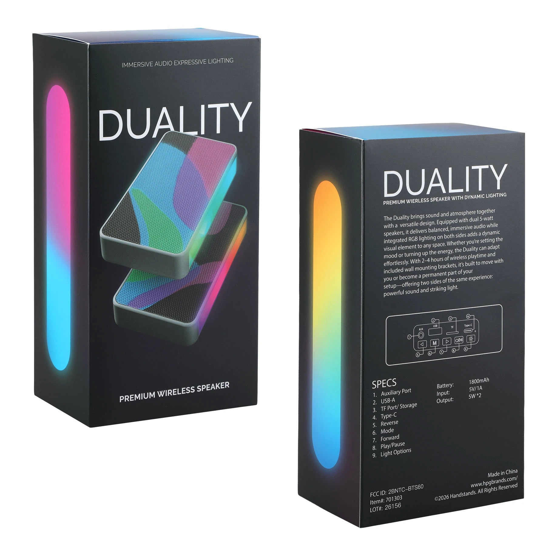 White Duality Wireless Speaker Set with two compact 5W wireless speakers featuring RGB exterior lighting, designed for immersive surround sound and portable music entertainment at home, events, and gatherings.