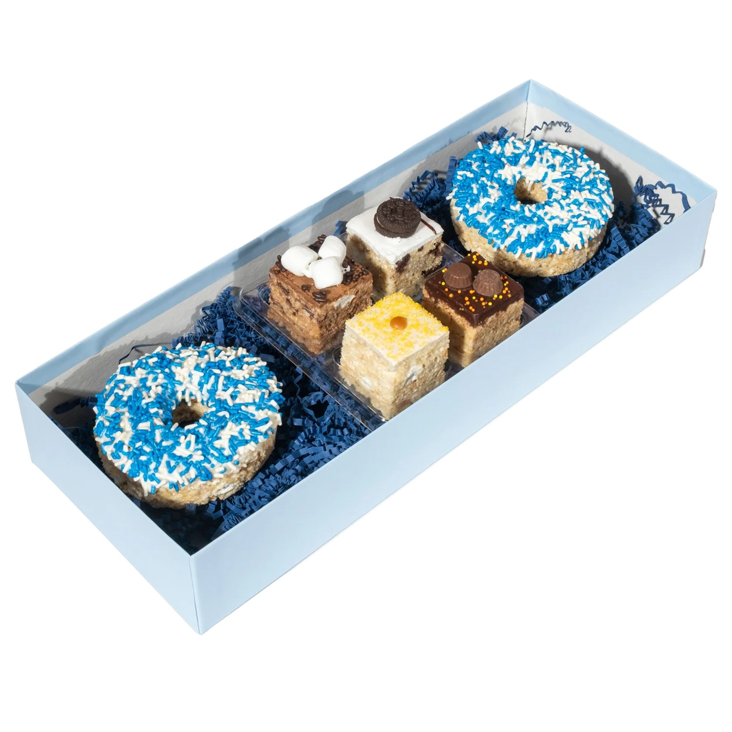 Assorted handmade marshmallow crispy rice treats and individually wrapped crispy rice donuts in a gift box with assorted flavors and customizable sprinkle colors.