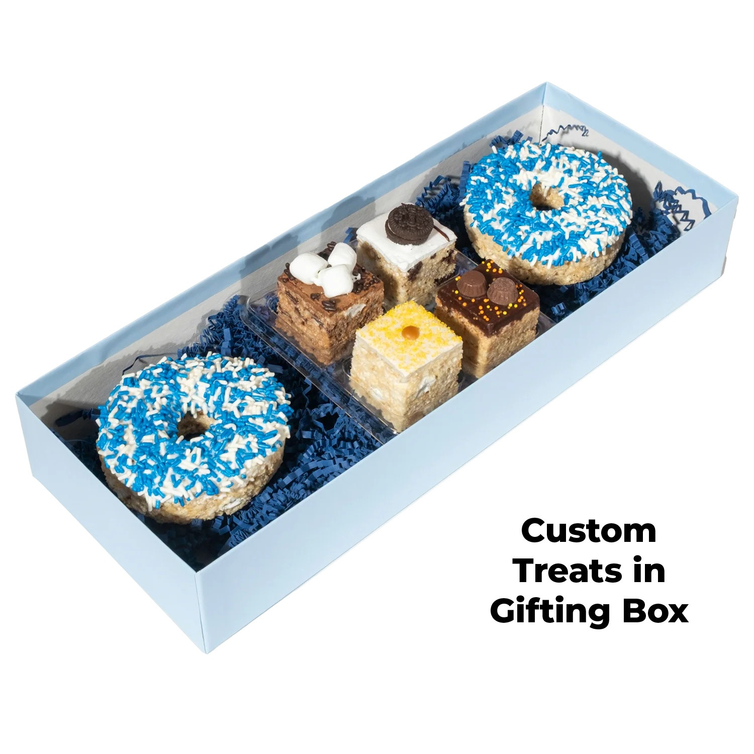 Assorted handmade marshmallow crispy rice treats and individually wrapped crispy rice donuts in a gift box with assorted flavors and customizable sprinkle colors.