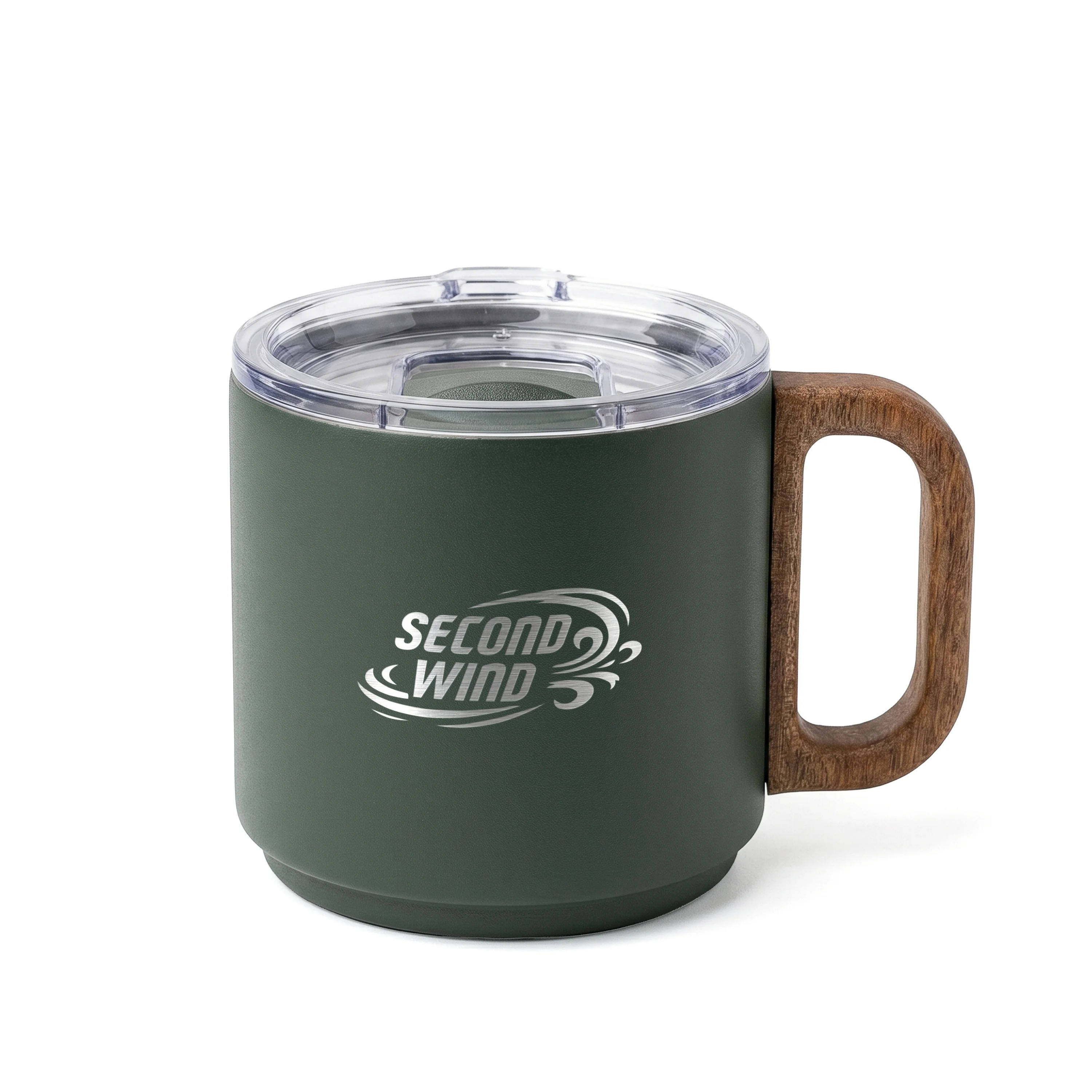 Evergreen double-wall vacuum-insulated recycled stainless steel mug with an acacia wood carrying handle, rubberized finish, and magnetic lid.
