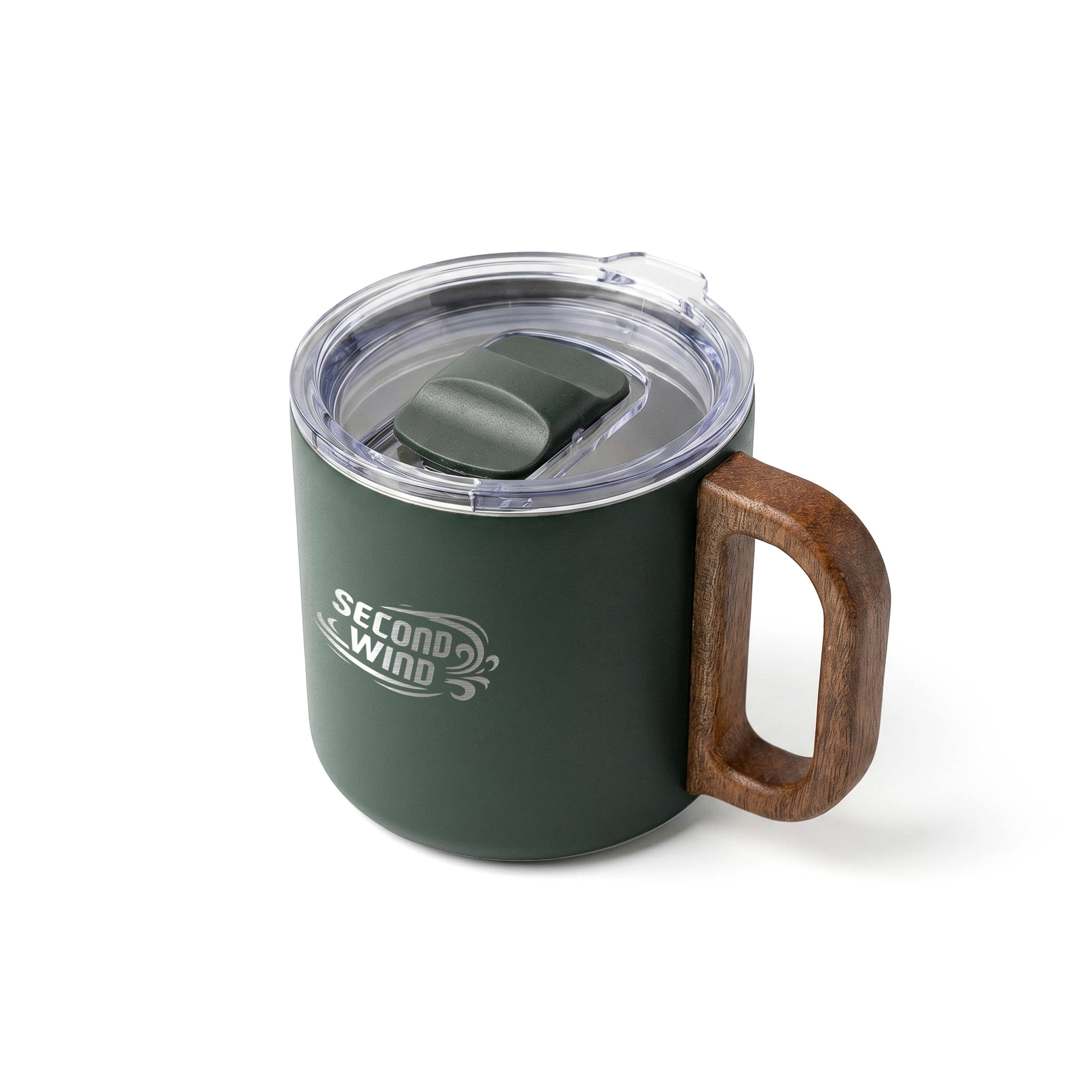 Evergreen double-wall vacuum-insulated recycled stainless steel mug with an acacia wood carrying handle, rubberized finish, and magnetic lid.
