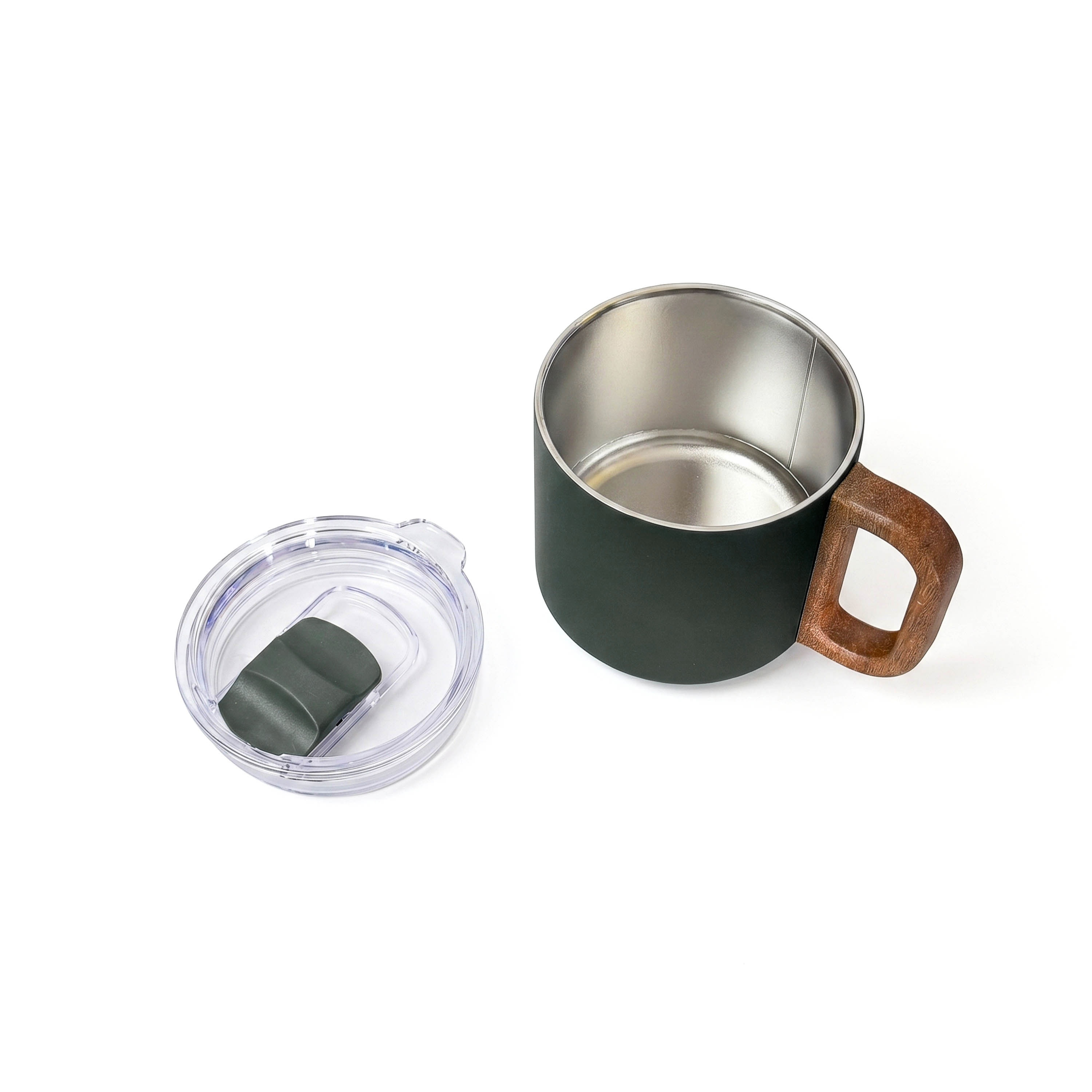 Evergreen double-wall vacuum-insulated recycled stainless steel mug with an acacia wood carrying handle, rubberized finish, and magnetic lid.