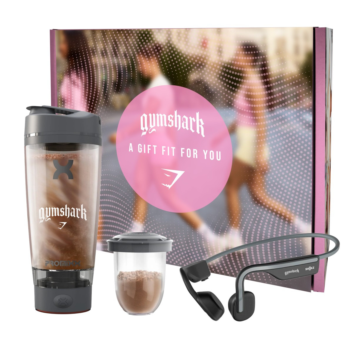 The Ultimate Workout Set featuring black Shokz OpenMove Bluetooth bone-conduction headphones and a 20-ounce Promixx Pro electric shaker bottle, designed for hands-free audio and convenient hydration during workouts.