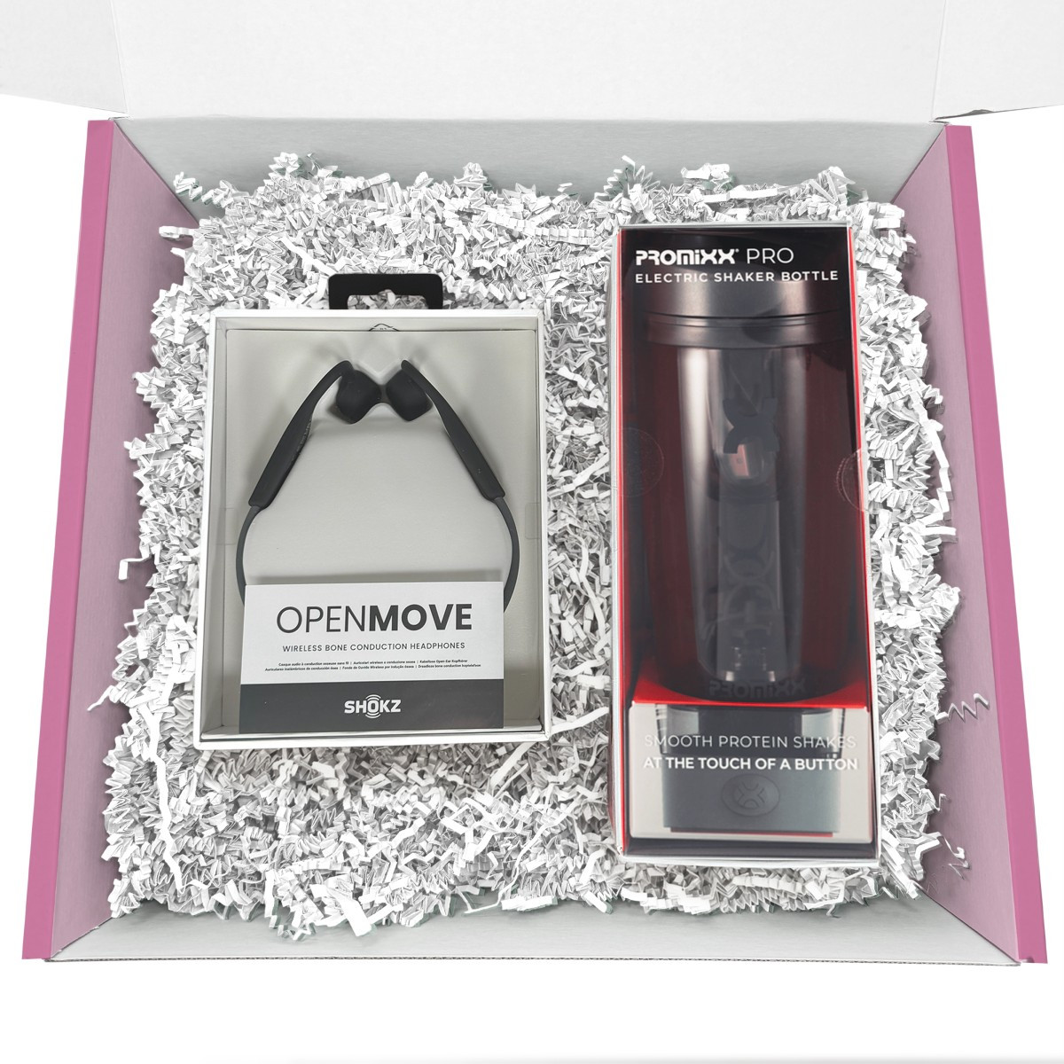 The Ultimate Workout Set featuring black Shokz OpenMove Bluetooth bone-conduction headphones and a 20-ounce Promixx Pro electric shaker bottle, designed for hands-free audio and convenient hydration during workouts.