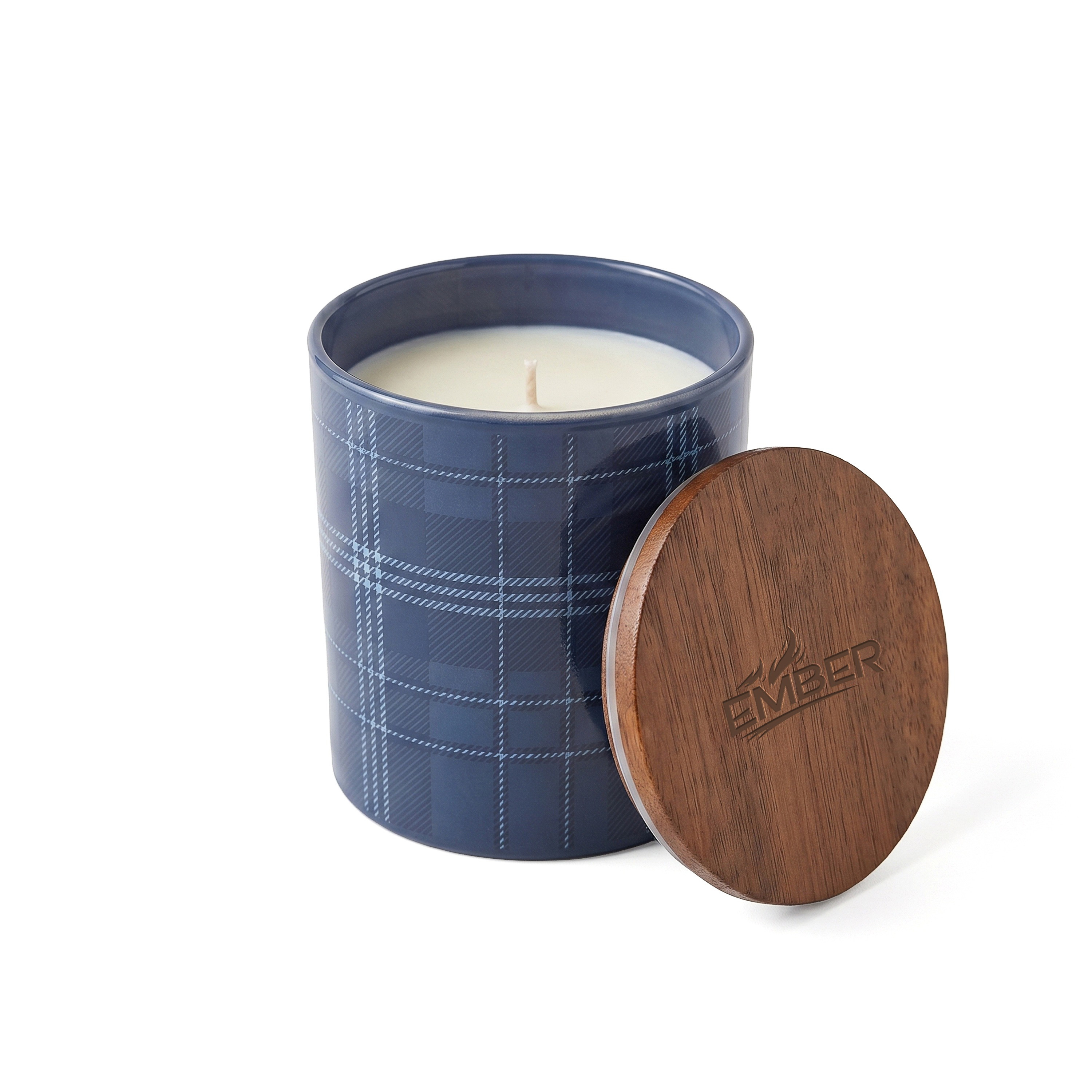 Blue Ember 10 oz. patterned glass candle with textured clear glass, natural acacia wood lid, single cotton wick, and vanilla-scented soy wax, designed for cozy home and desk décor.
