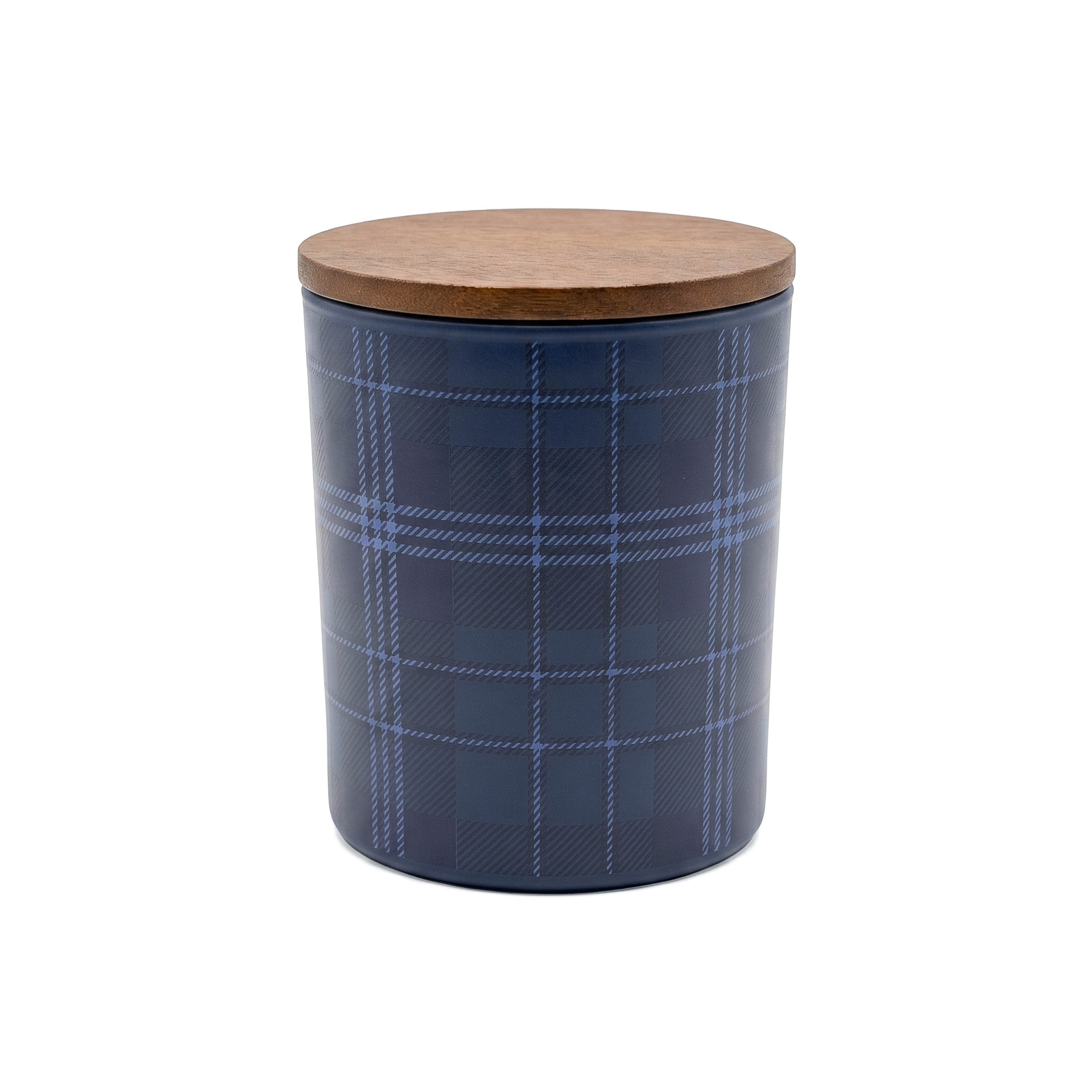Blue Ember 10 oz. patterned glass candle with textured clear glass, natural acacia wood lid, single cotton wick, and vanilla-scented soy wax, designed for cozy home and desk décor.