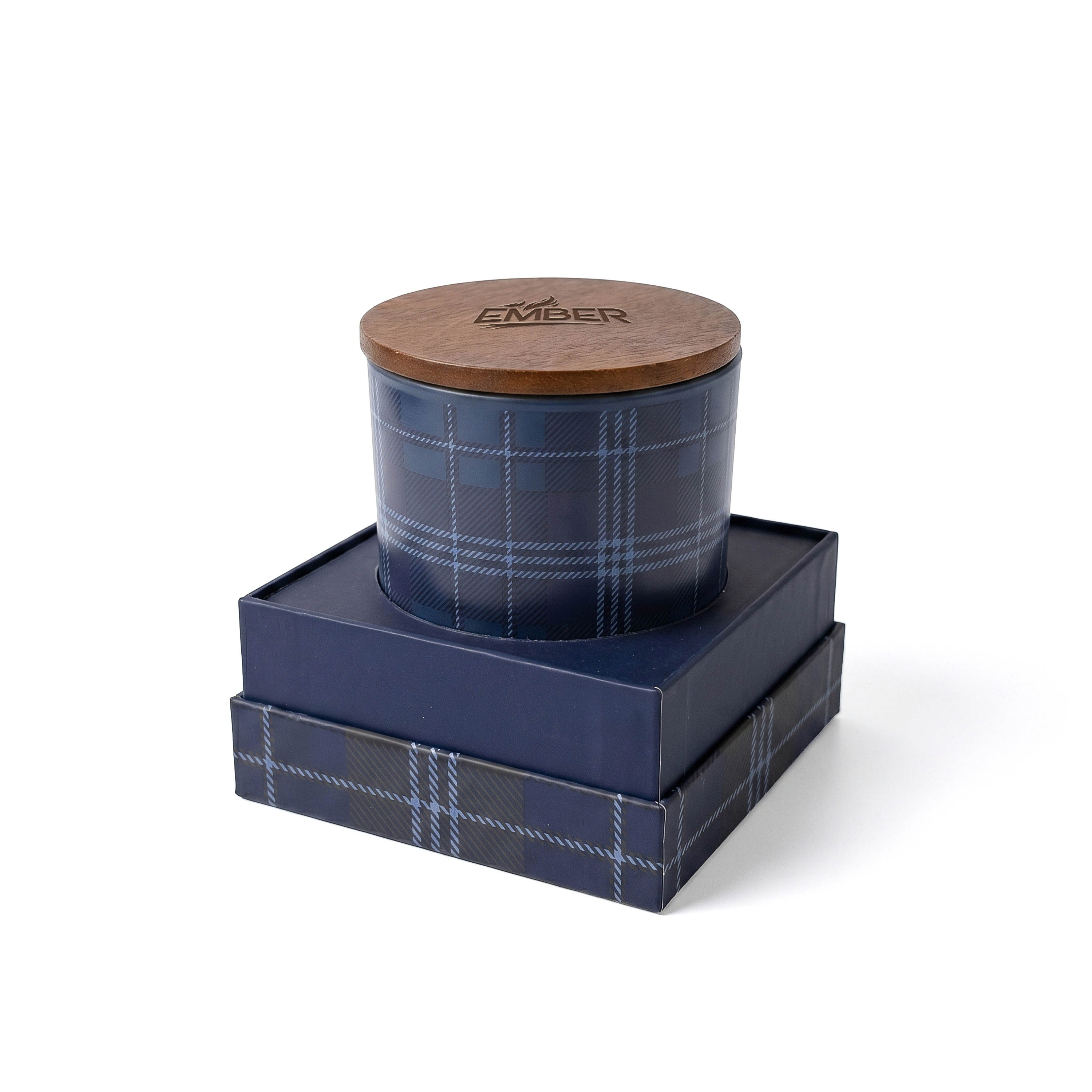 Blue Ember 10 oz. patterned glass candle with textured clear glass, natural acacia wood lid, single cotton wick, and vanilla-scented soy wax, designed for cozy home and desk décor.