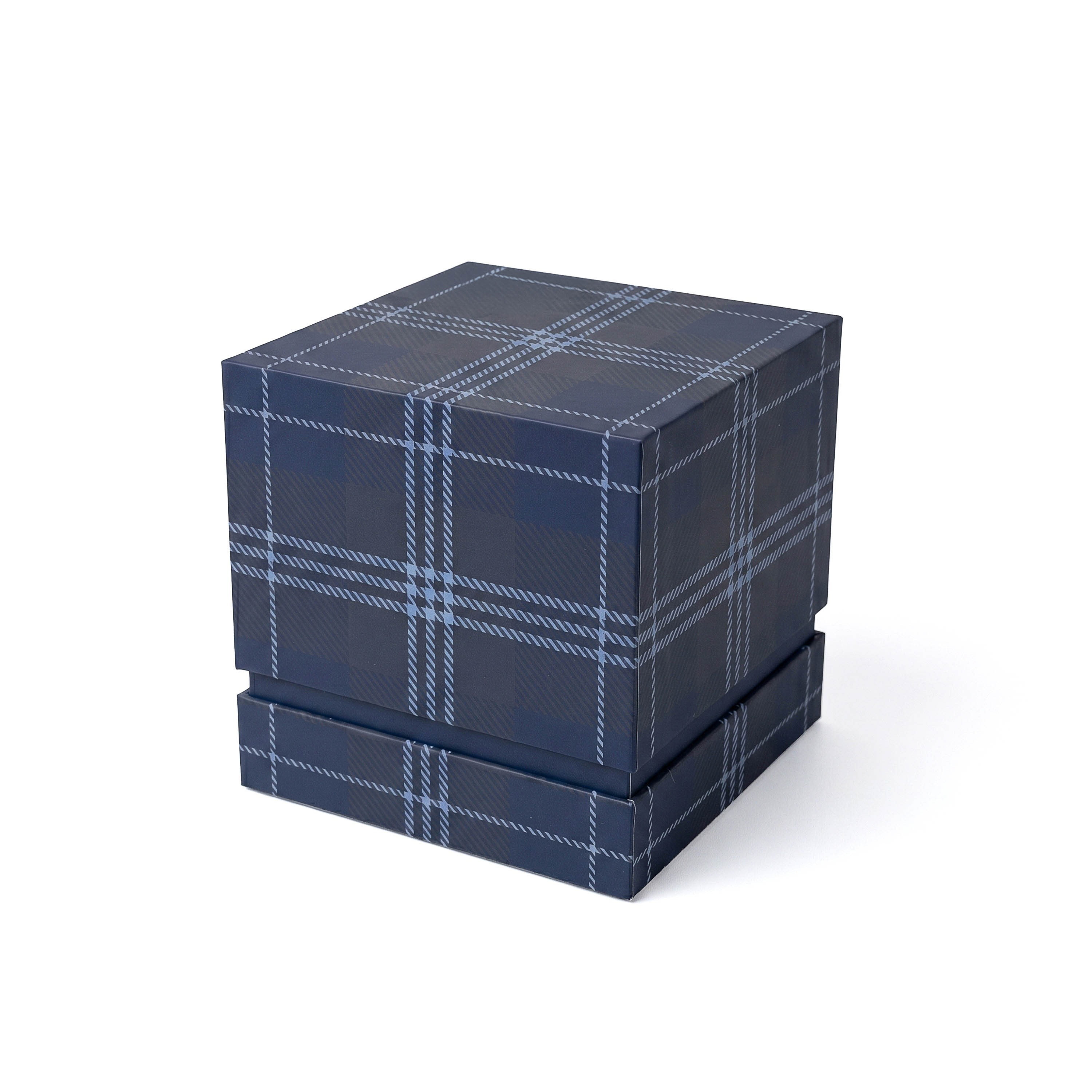 Blue Ember 10 oz. patterned glass candle with textured clear glass, natural acacia wood lid, single cotton wick, and vanilla-scented soy wax, designed for cozy home and desk décor.