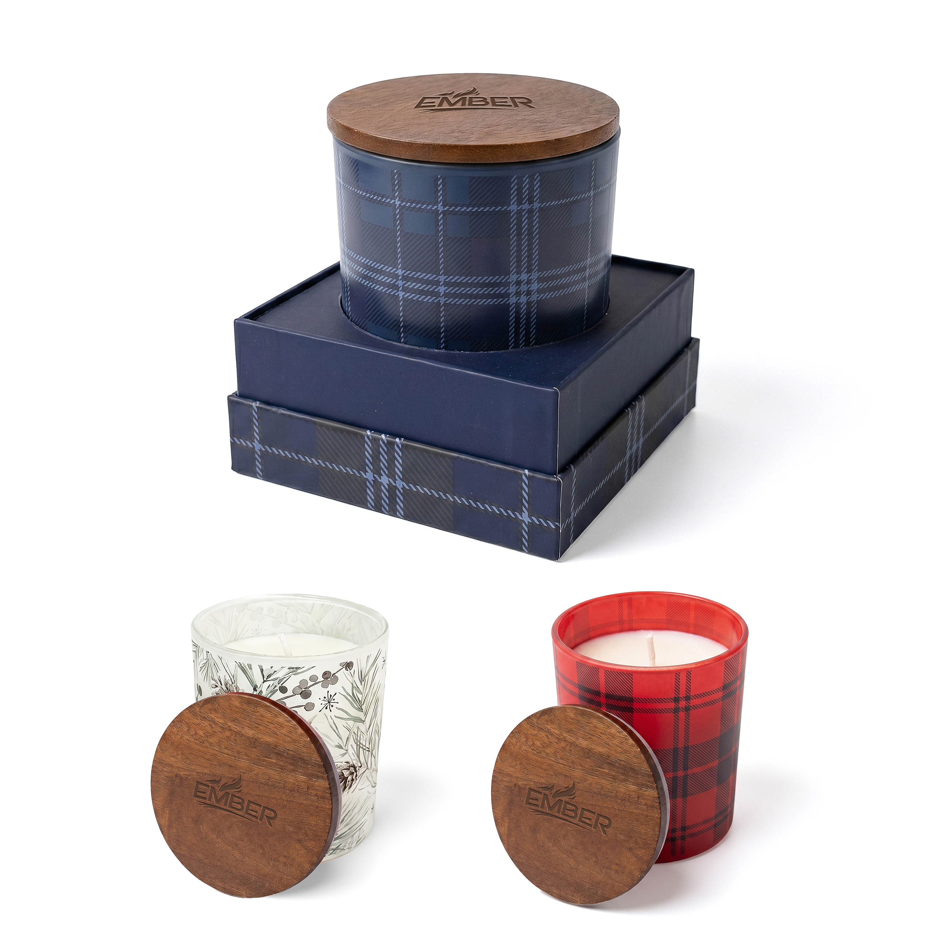 Ember 10 oz. patterned glass candle with textured clear glass, natural acacia wood lid, single cotton wick, and vanilla-scented soy wax, designed for cozy home and desk décor.