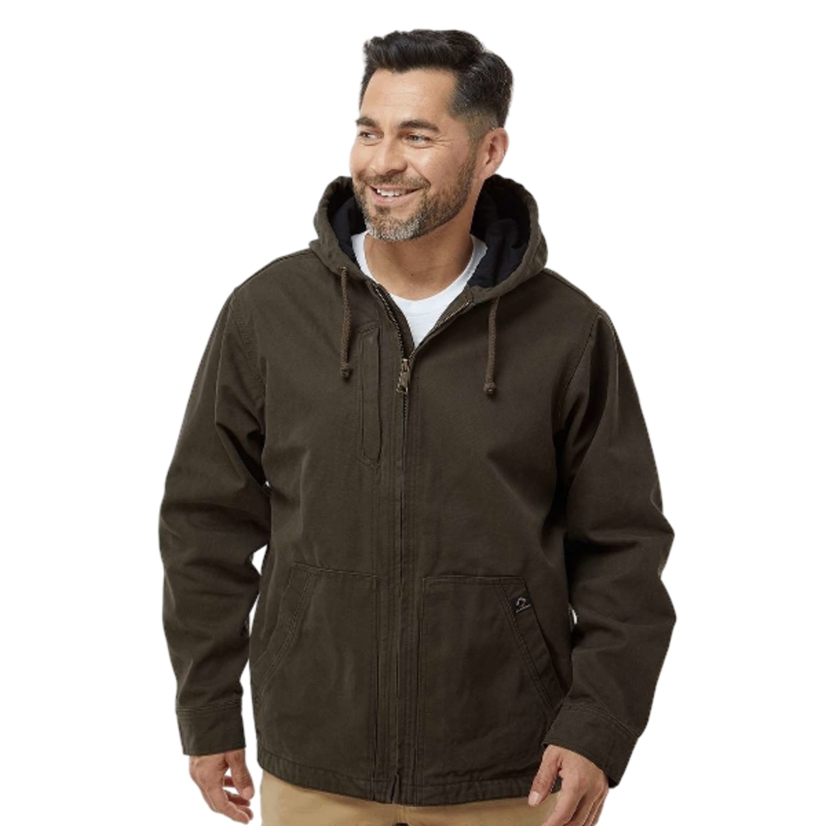 Quarry-washed cotton canvas hooded jacket with textured thermal lining, three-piece hood, heavy-duty metal zipper, chest pocket, and articulated elbows.