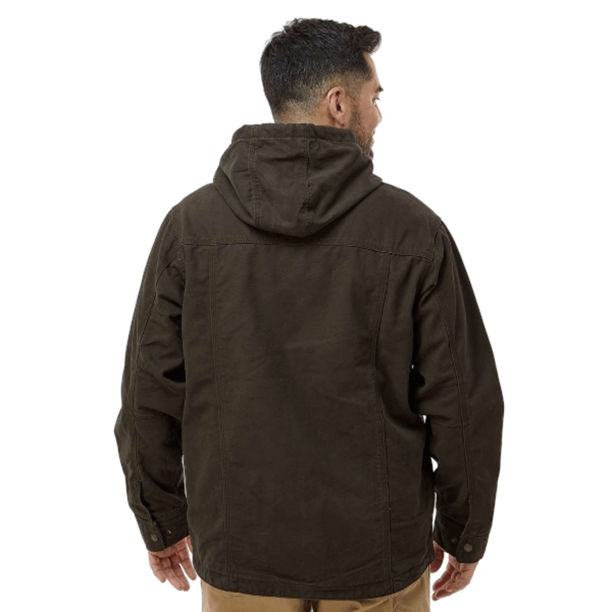 Quarry-washed cotton canvas hooded jacket with textured thermal lining, three-piece hood, heavy-duty metal zipper, chest pocket, and articulated elbows.