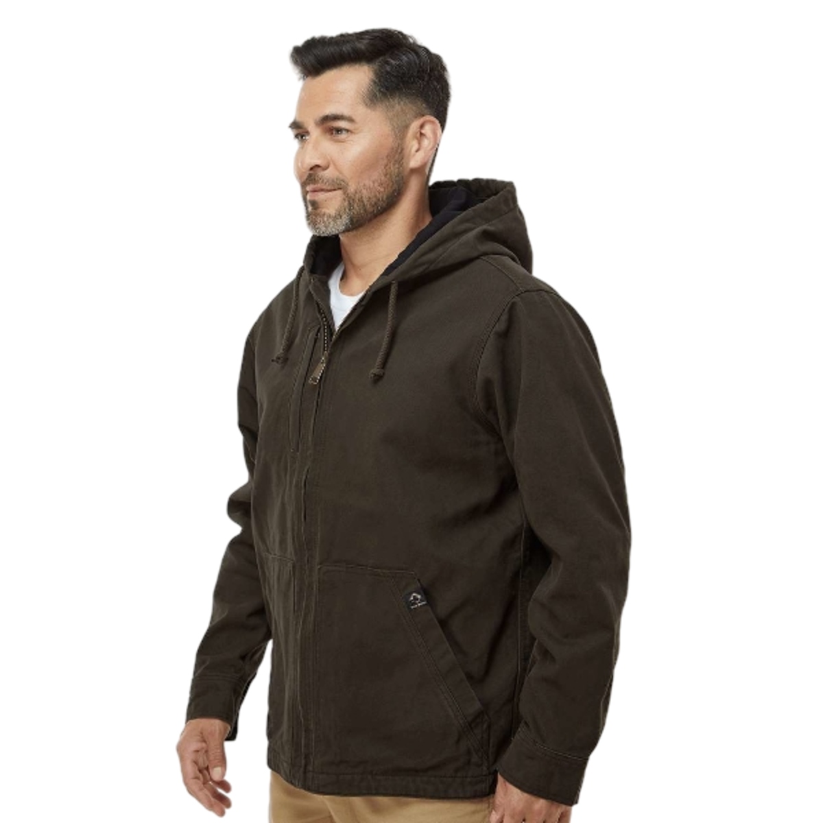 Quarry-washed cotton canvas hooded jacket with textured thermal lining, three-piece hood, heavy-duty metal zipper, chest pocket, and articulated elbows.