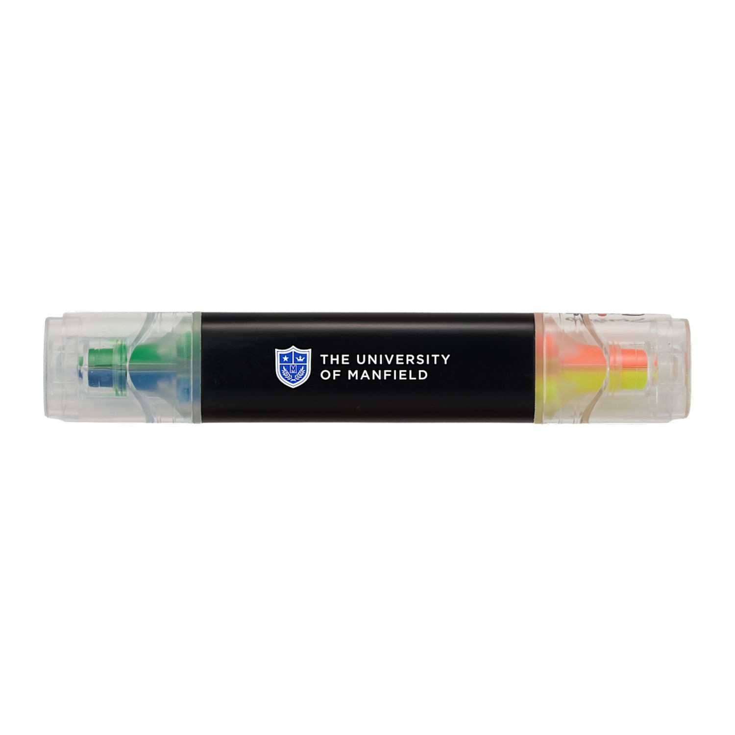 Black Scripto Quad Highlighter with four vibrant ink colors, dual-ended design, clip, and compact ABS plastic body for color-coding notes and organizing information.