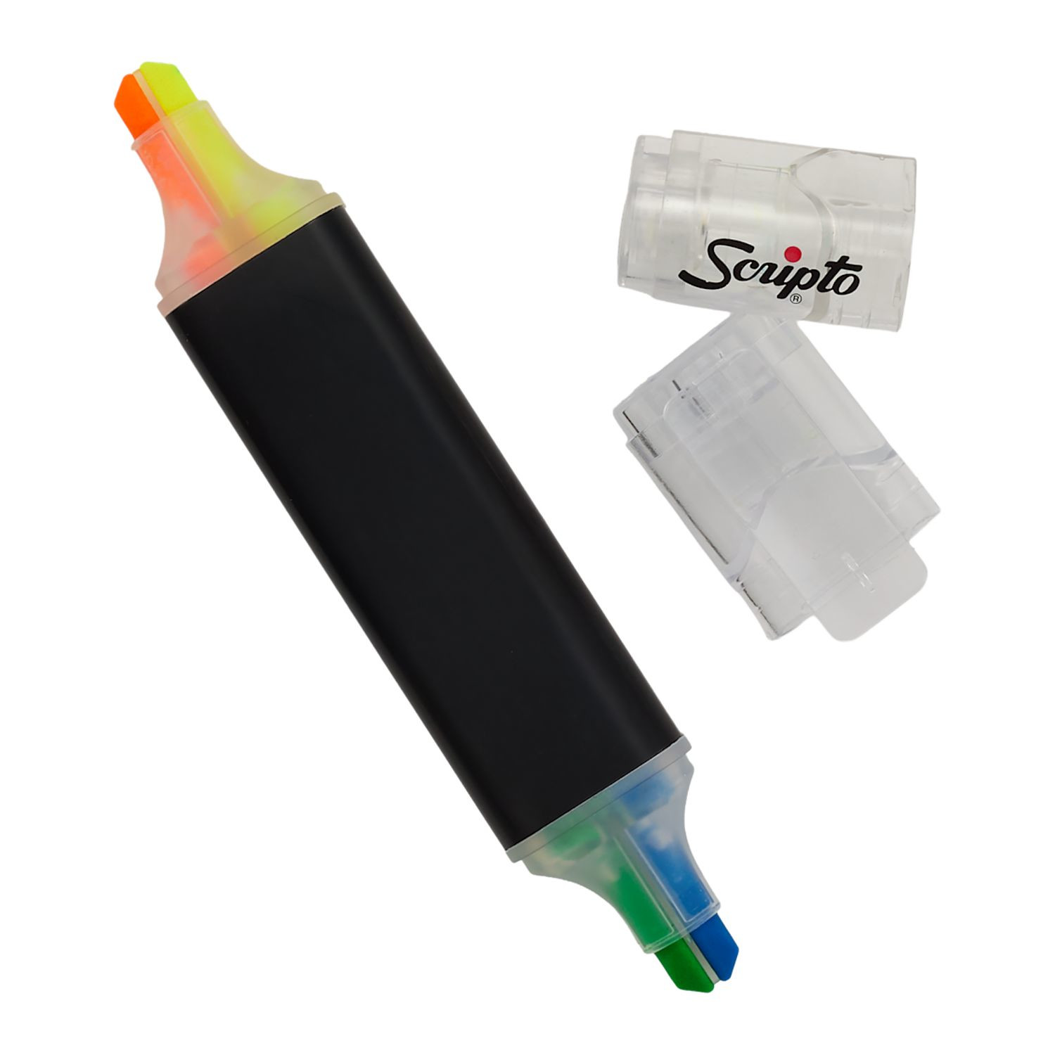 Black Scripto Quad Highlighter with four vibrant ink colors, dual-ended design, clip, and compact ABS plastic body for color-coding notes and organizing information.