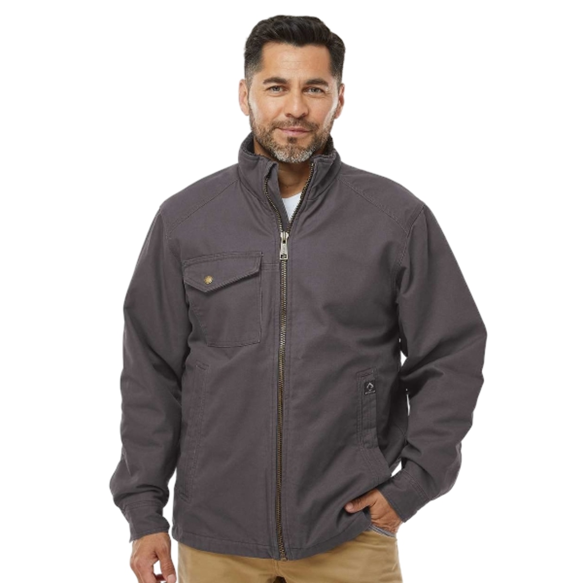 Cotton canvas jacket with sherpa lining, snap-closure chest pocket, insulated hand pockets, heavy-duty metal zipper, and triple-needle stitching.