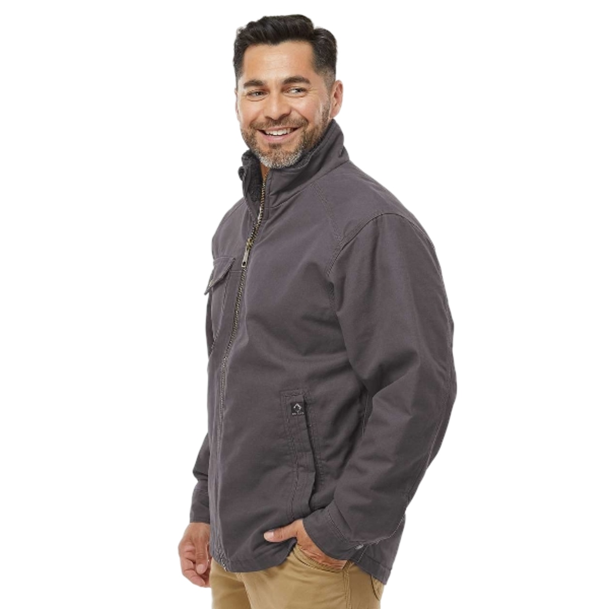 Cotton canvas jacket with sherpa lining, snap-closure chest pocket, insulated hand pockets, heavy-duty metal zipper, and triple-needle stitching.