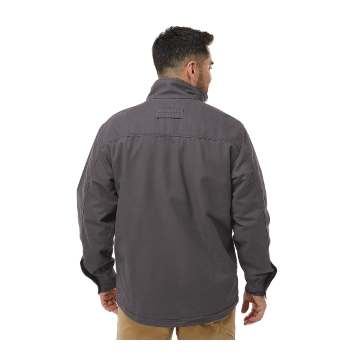 Cotton canvas jacket with sherpa lining, snap-closure chest pocket, insulated hand pockets, heavy-duty metal zipper, and triple-needle stitching.