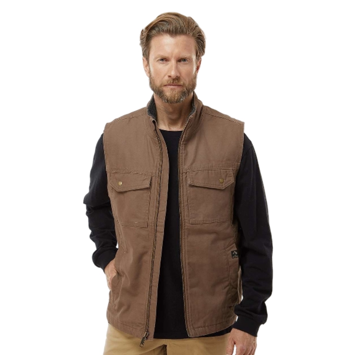 Cotton canvas jacket with quilted insulated lining, sherpa collar and back yoke, double chest pockets, and heavy-duty metal zipper.