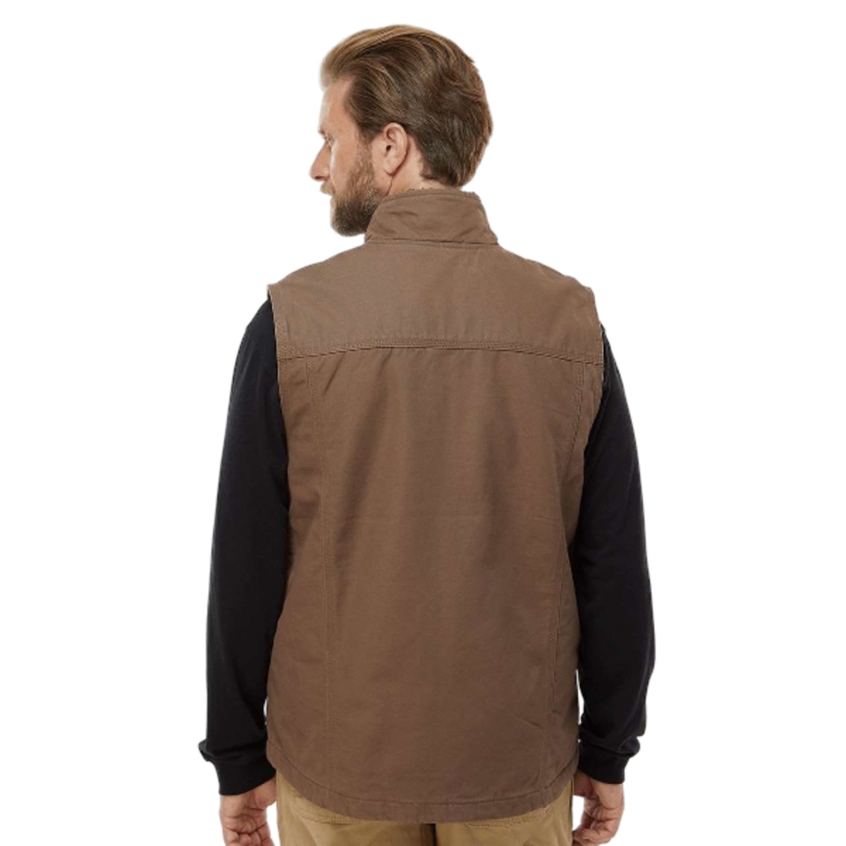 Cotton canvas jacket with quilted insulated lining, sherpa collar and back yoke, double chest pockets, and heavy-duty metal zipper.