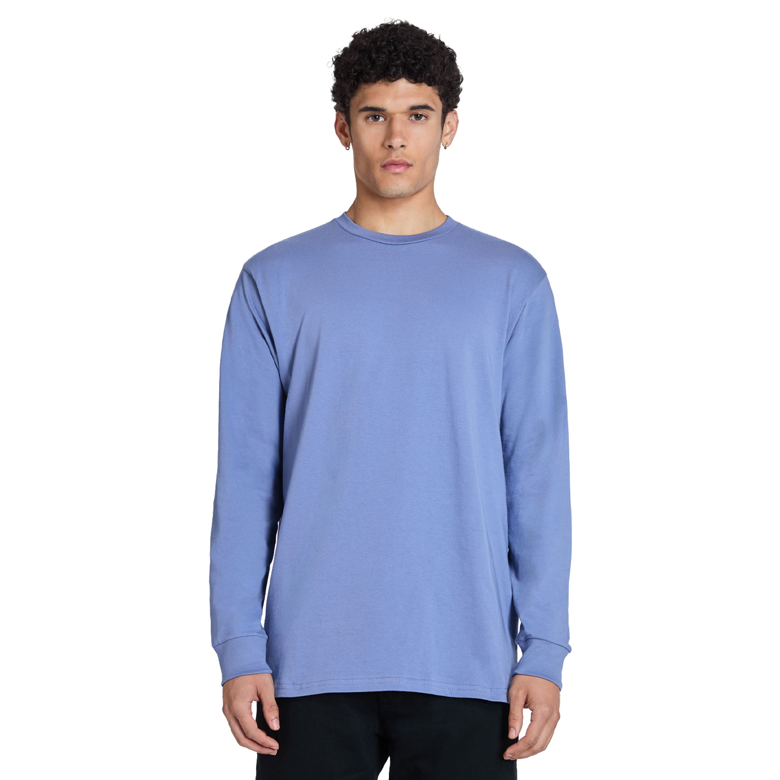Colony Blue Lane Seven Heavyweight Long Sleeve Tee in a solid color, featuring a classic regular-fit design, smooth tight-knit combed cotton jersey, long sleeves with double-needle stitching, and side-seamed construction for durable everyday wear and custom printing.