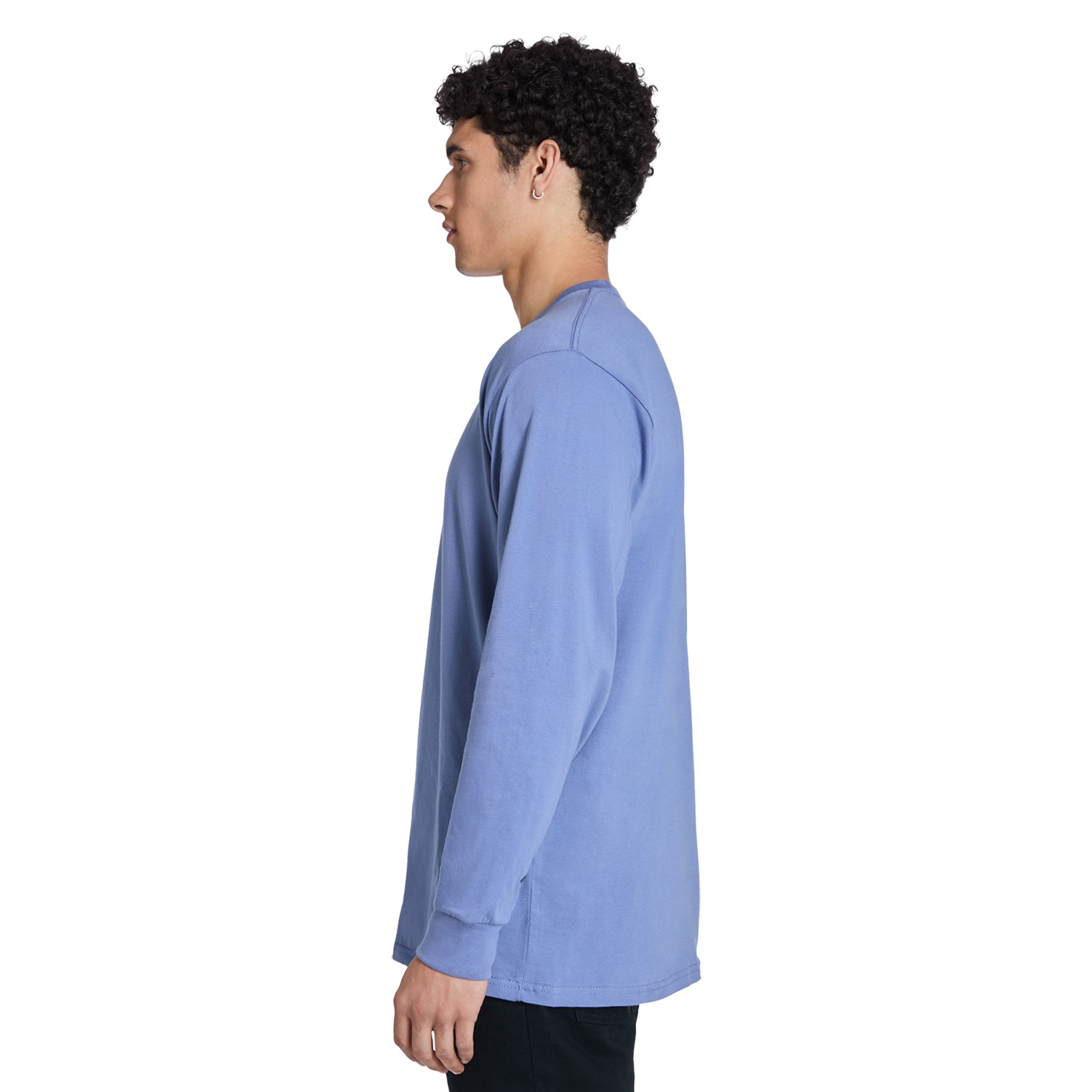 Colony Blue Lane Seven Heavyweight Long Sleeve Tee in a solid color, featuring a classic regular-fit design, smooth tight-knit combed cotton jersey, long sleeves with double-needle stitching, and side-seamed construction for durable everyday wear and custom printing.