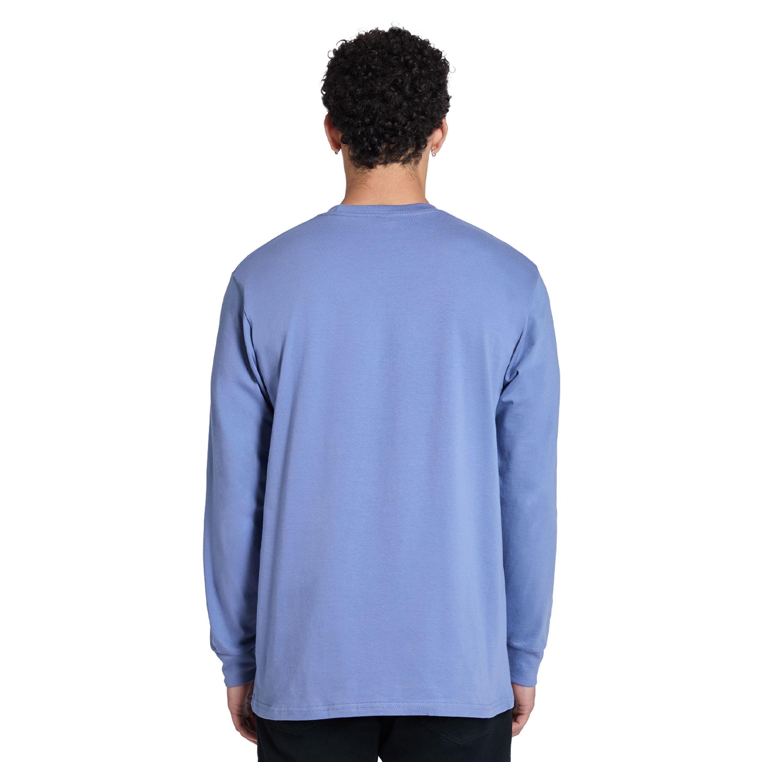 Colony Blue Lane Seven Heavyweight Long Sleeve Tee in a solid color, featuring a classic regular-fit design, smooth tight-knit combed cotton jersey, long sleeves with double-needle stitching, and side-seamed construction for durable everyday wear and custom printing.