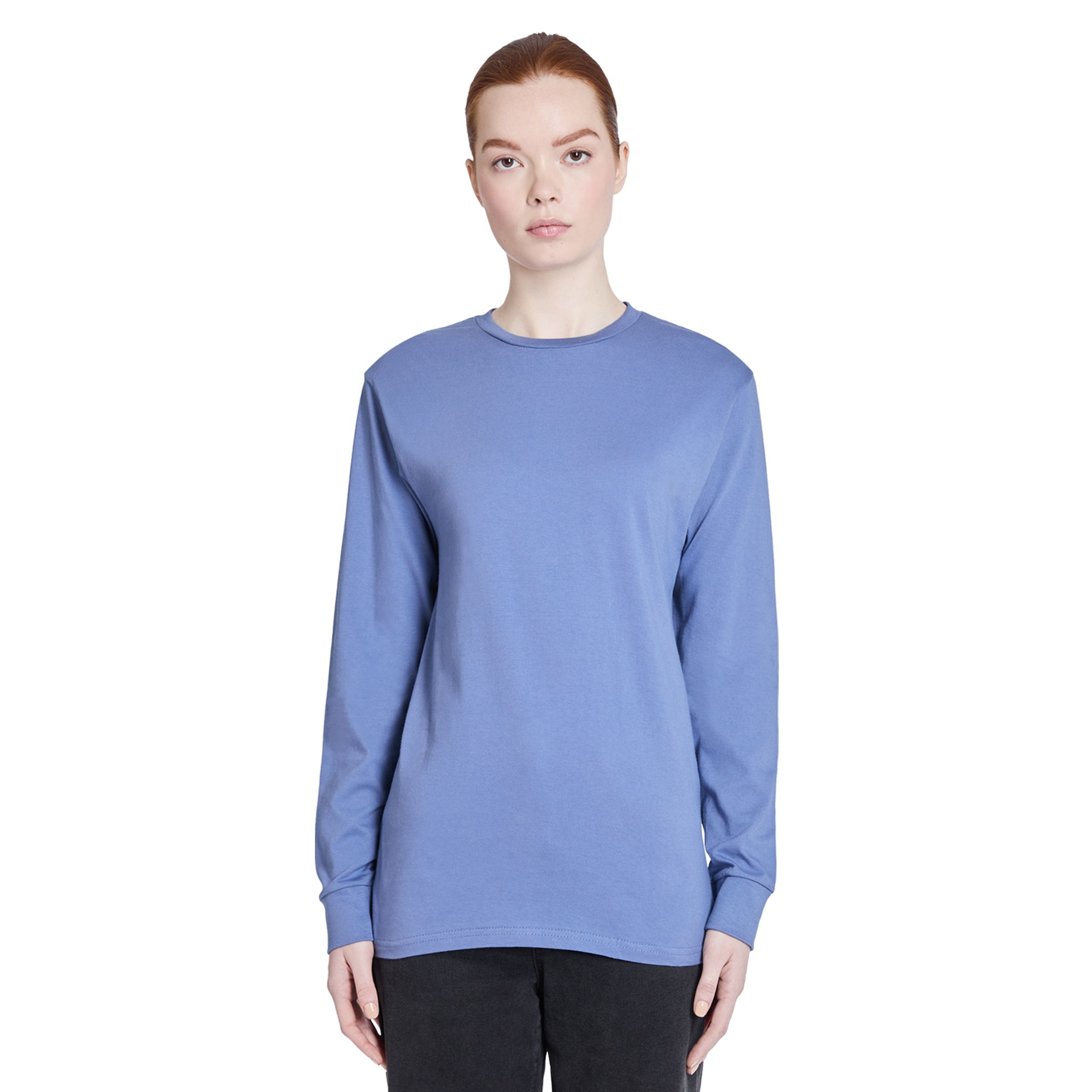 Colony Blue Lane Seven Heavyweight Long Sleeve Tee in a solid color, featuring a classic regular-fit design, smooth tight-knit combed cotton jersey, long sleeves with double-needle stitching, and side-seamed construction for durable everyday wear and custom printing.
