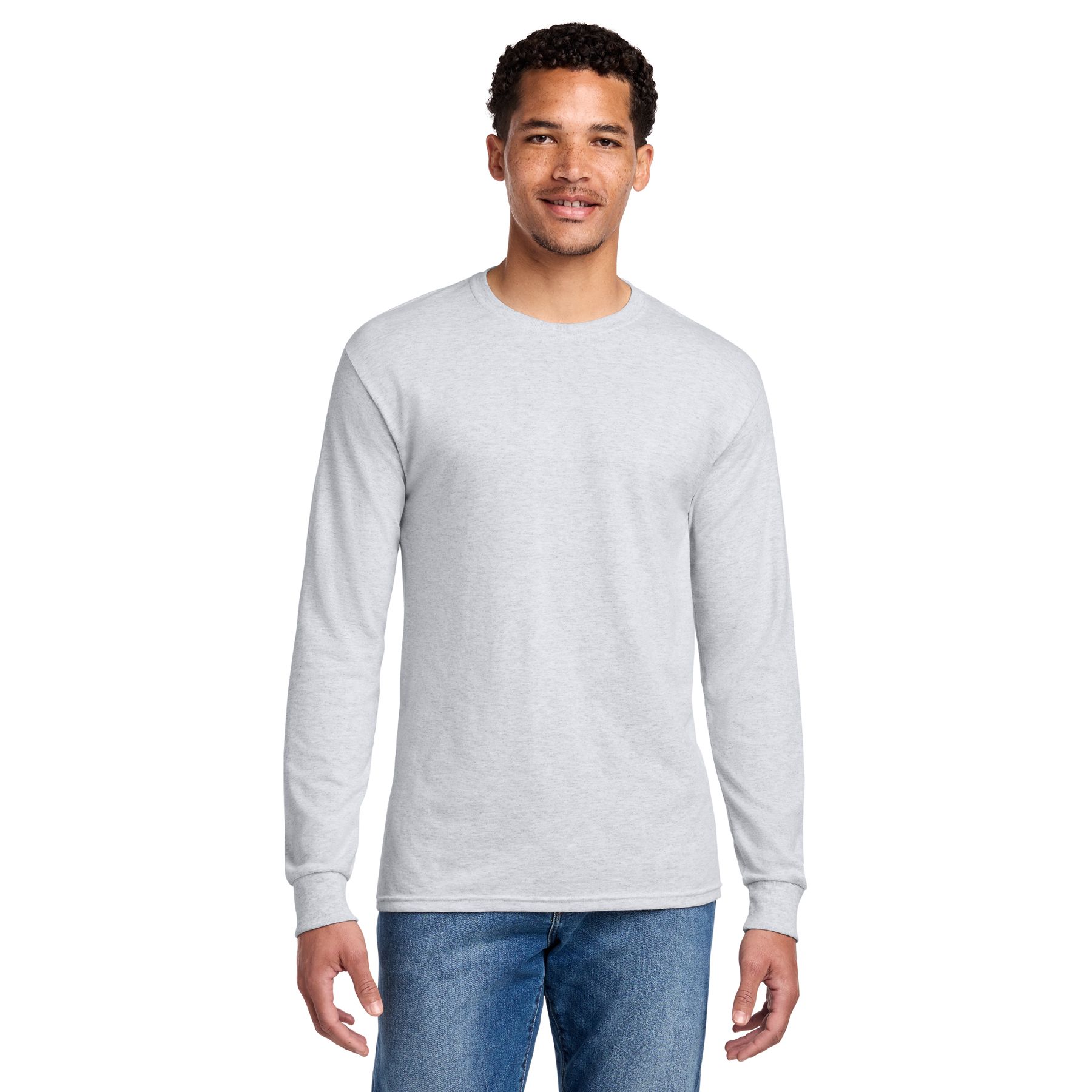 Ash JERZEES® 50/50 Cotton/Poly Long Sleeve T-Shirt in Ash, featuring a classic crew neckline, long sleeves with rib knit cuffs, and a soft cotton/poly jersey fabric designed for comfortable everyday, work, team, and promotional wear.