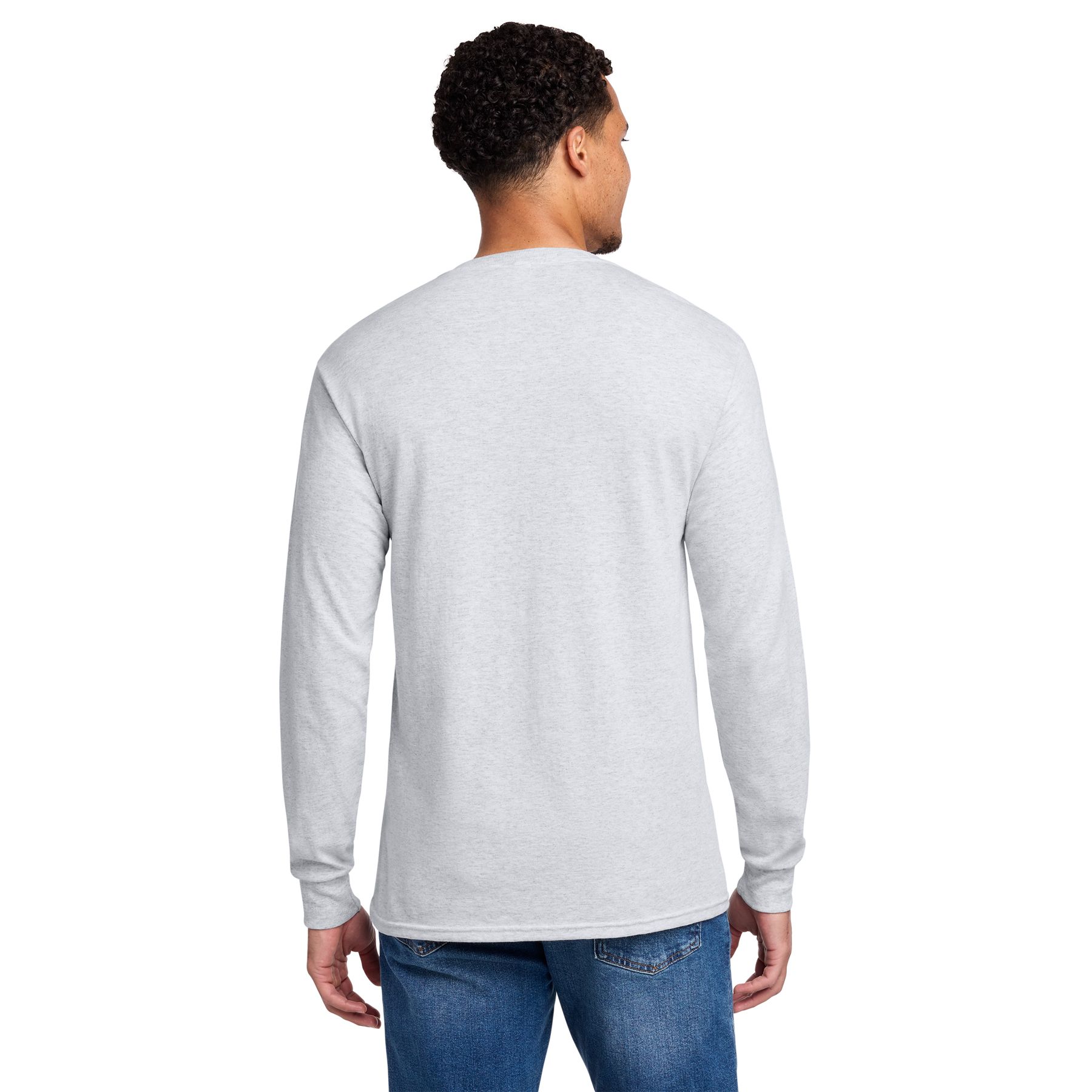 Ash JERZEES® 50/50 Cotton/Poly Long Sleeve T-Shirt in Ash, featuring a classic crew neckline, long sleeves with rib knit cuffs, and a soft cotton/poly jersey fabric designed for comfortable everyday, work, team, and promotional wear.