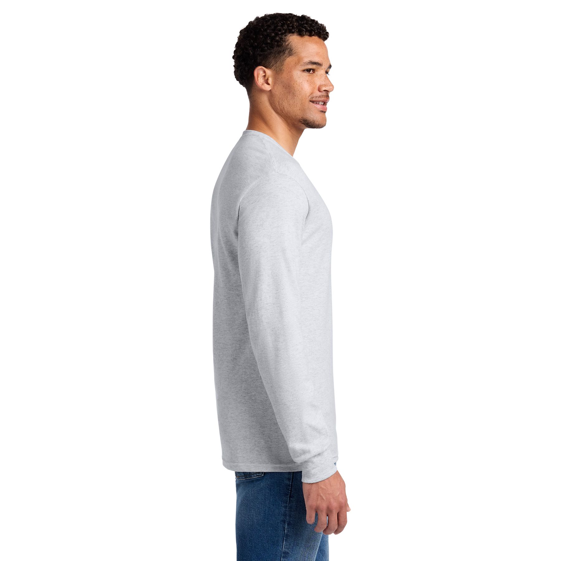 Ash JERZEES® 50/50 Cotton/Poly Long Sleeve T-Shirt in Ash, featuring a classic crew neckline, long sleeves with rib knit cuffs, and a soft cotton/poly jersey fabric designed for comfortable everyday, work, team, and promotional wear.