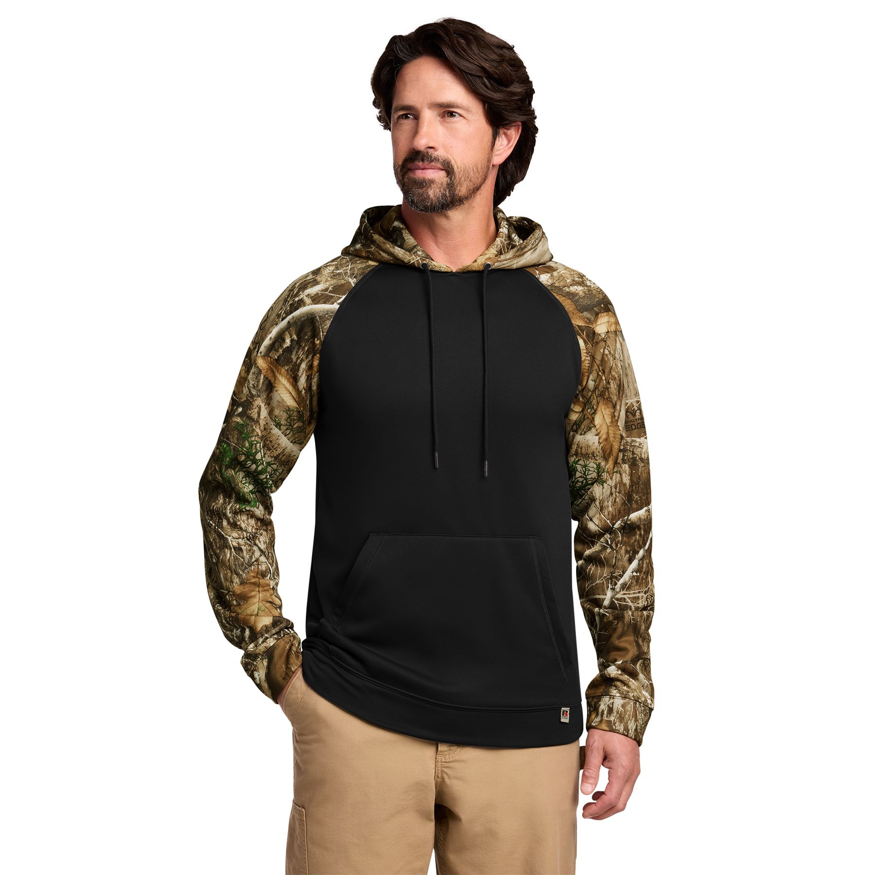 Man wearing black Russell Outdoors™ Realtree® Performance Colorblock Pullover Hoodie