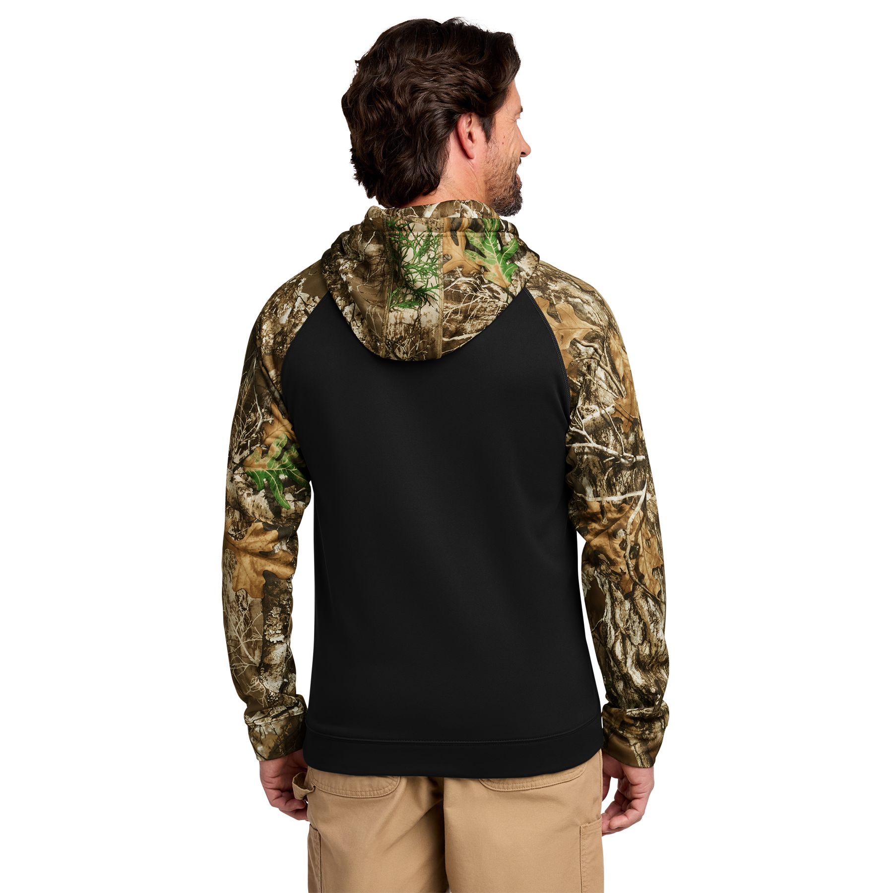 Man wearing black Russell Outdoors™ Realtree® Performance Colorblock Pullover Hoodie