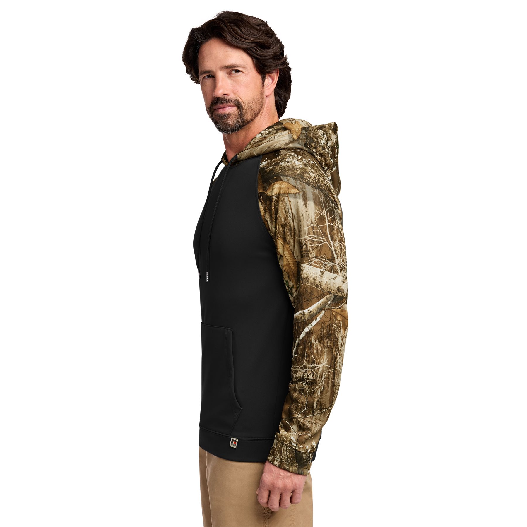 Man wearing black Russell Outdoors™ Realtree® Performance Colorblock Pullover Hoodie
