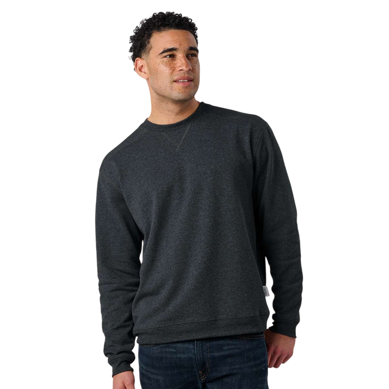 Charcoal Recover Crewneck Pullover Sweatshirt in a soft, retail-fit design with a brushed fleece lining, ribbed cuffs and waistband, and subtle Recover branding at the left hip, made from recycled cotton and recycled polyester for comfortable everyday wear.